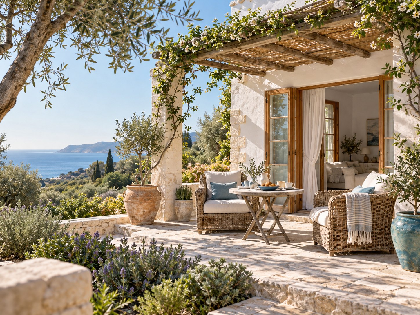 Sonnige Ferienhausterrasse mit Garten und Meerblick – KI-generiertes Urlaubsmotiv