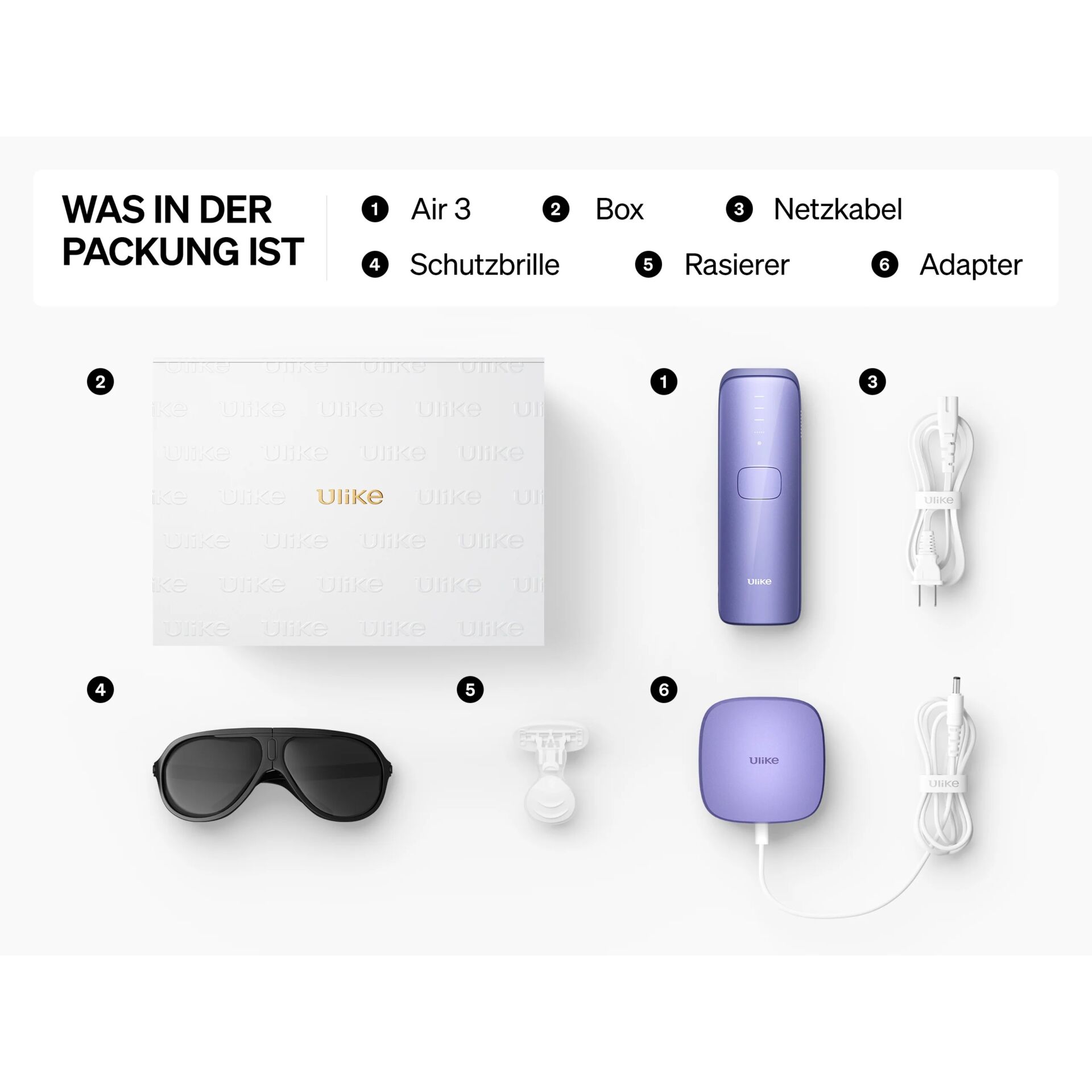 Bild eines Ulike Air 3 IPL Haarentfernung Sets mit Box, Netz- und Adapterkabel, Schutzbrille und Rasierer