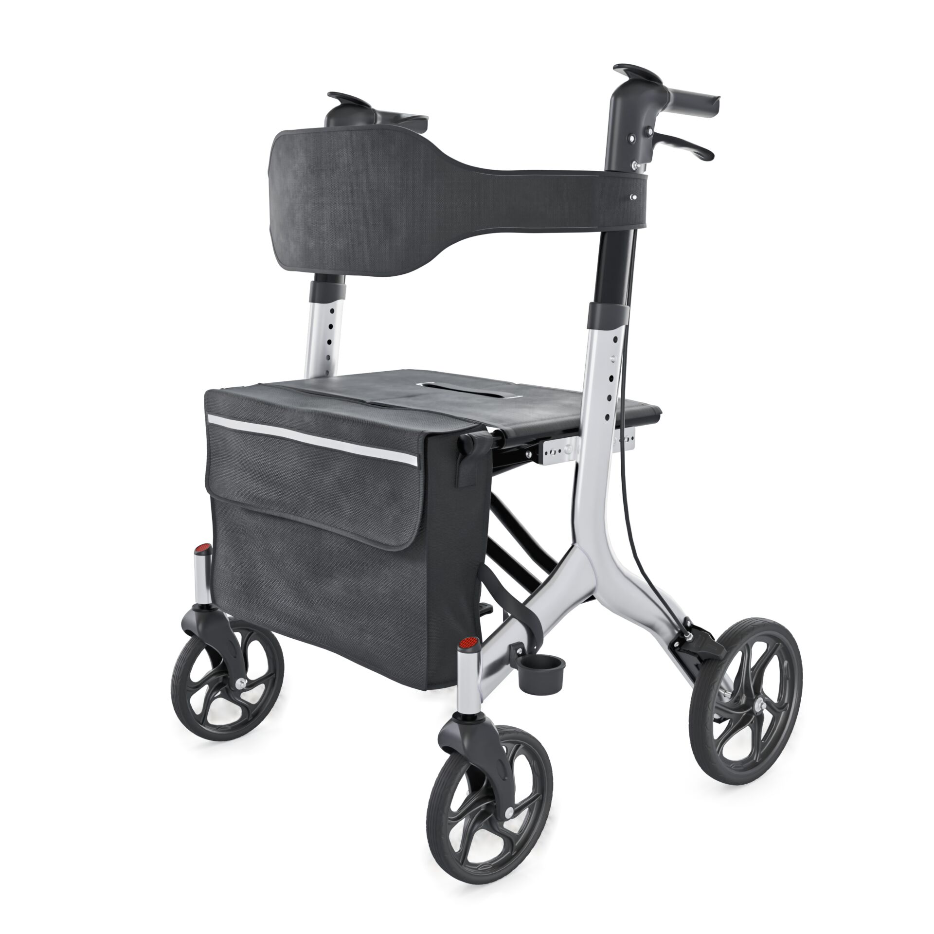 Grauer Rollator mit vier Rädern, integrierter Tasche und ergonomischem Griff, ideal für Mobilitätshilfe