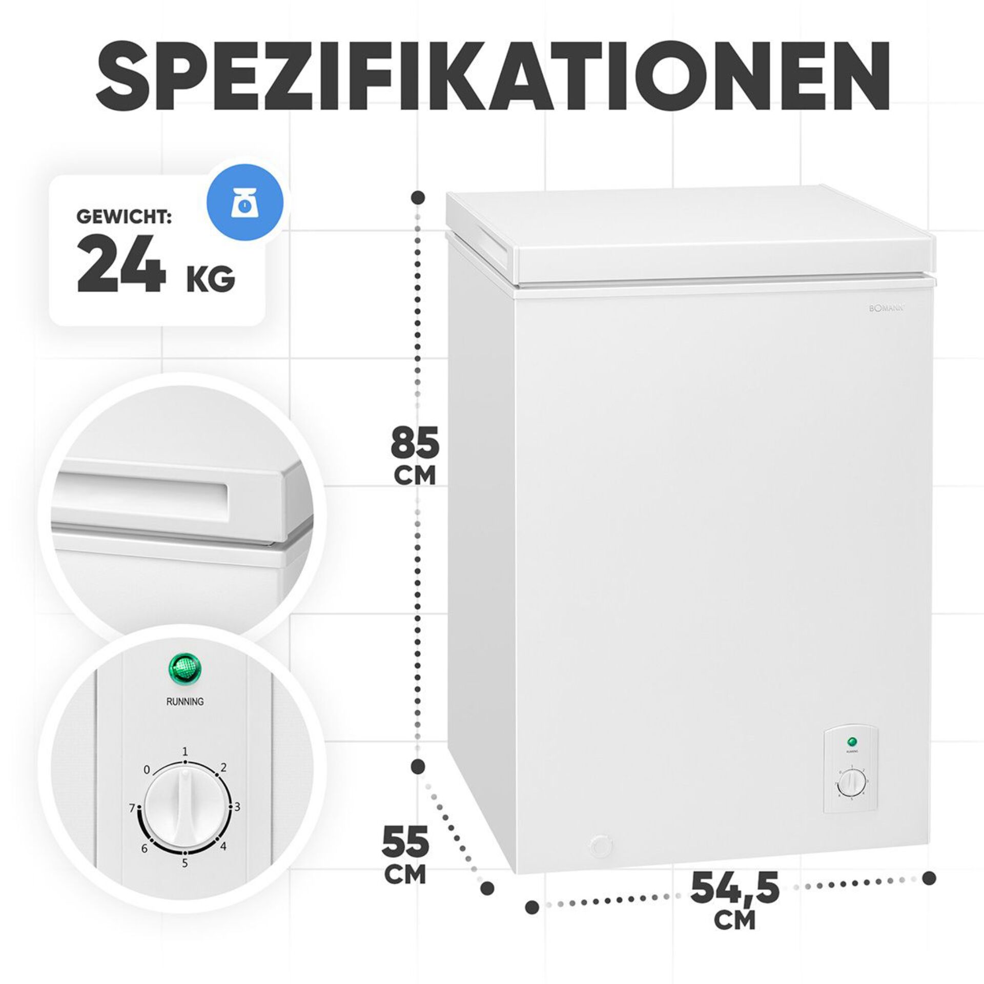 Weißer Gefrierschrank mit Spezifikationen: 85 cm Höhe, Gewicht 24 kg, Maße 54,5 x 55 cm. Sichtbares Bedienfeld mit Temperaturregler.