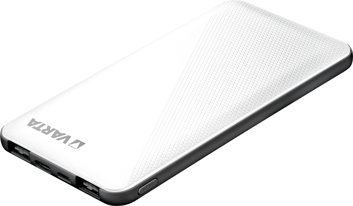 Weiße, schlanke Powerbank mit zwei USB-Anschlüssen und strukturiertem Design