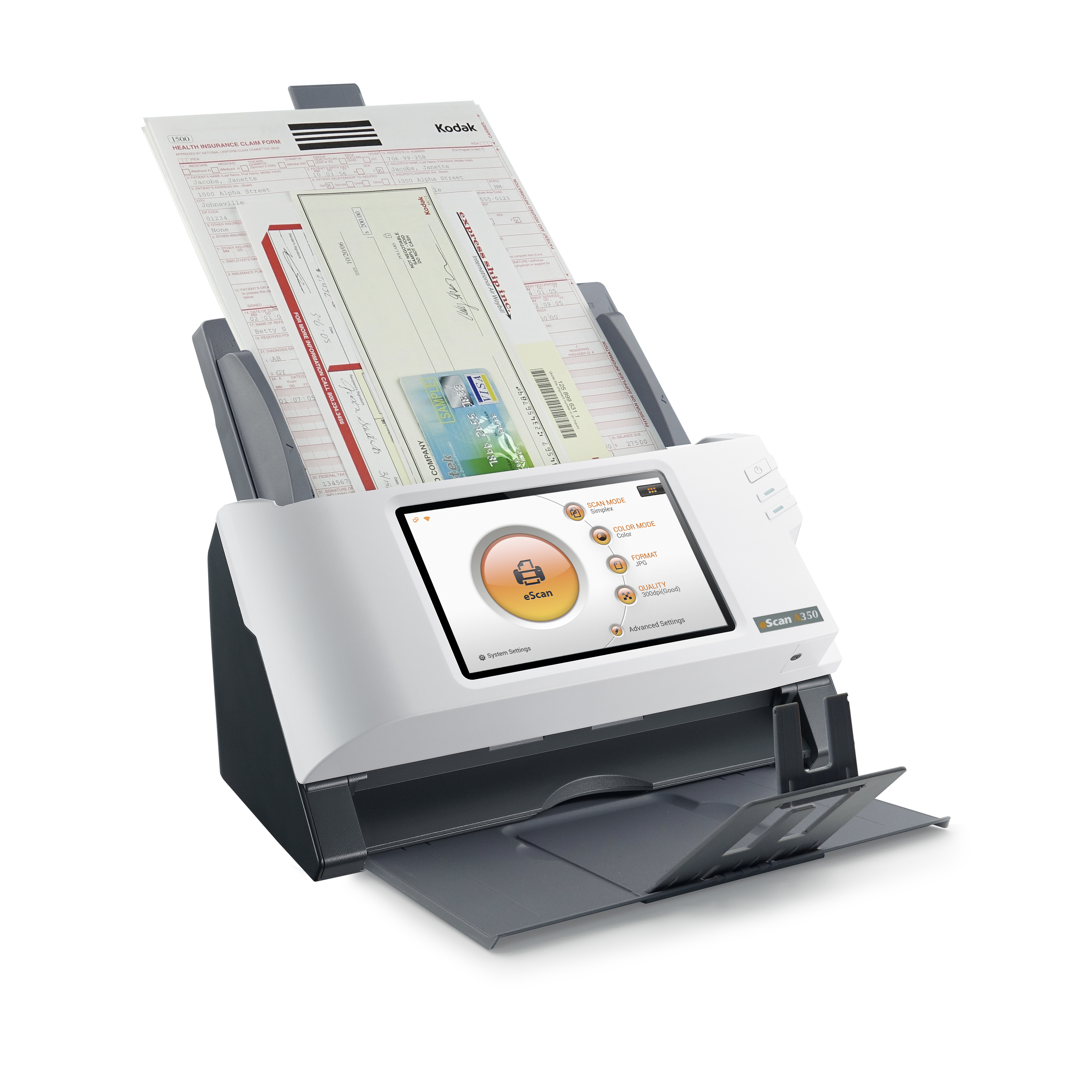 Moderner Dokumentenscanner mit Touchscreen und mehreren eingescannten Dokumenten