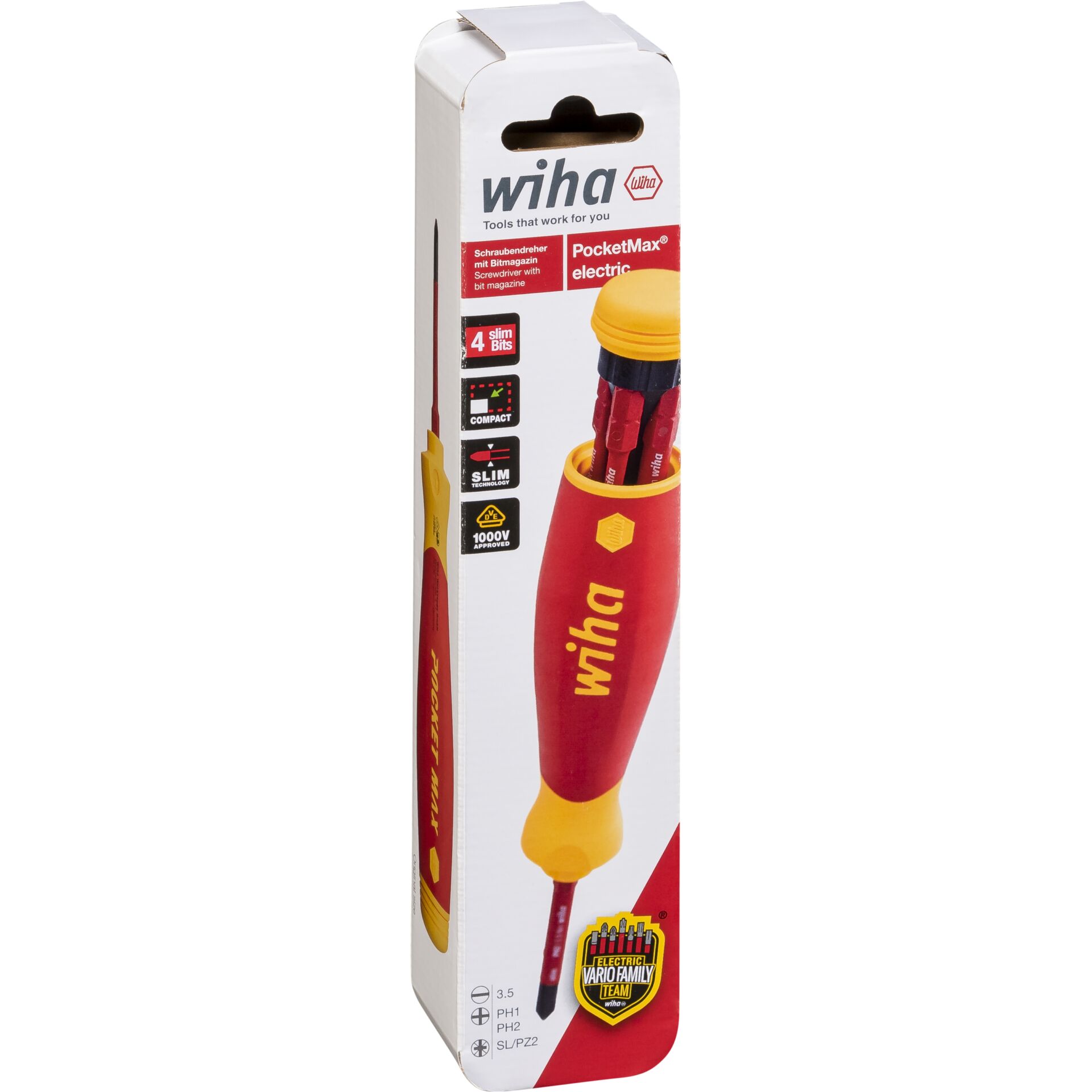 Verpackung des Wiha PocketMax Electric Schraubendrehers mit integriertem Bit-Magazin und isolierter Sicherheit bis 1000V.