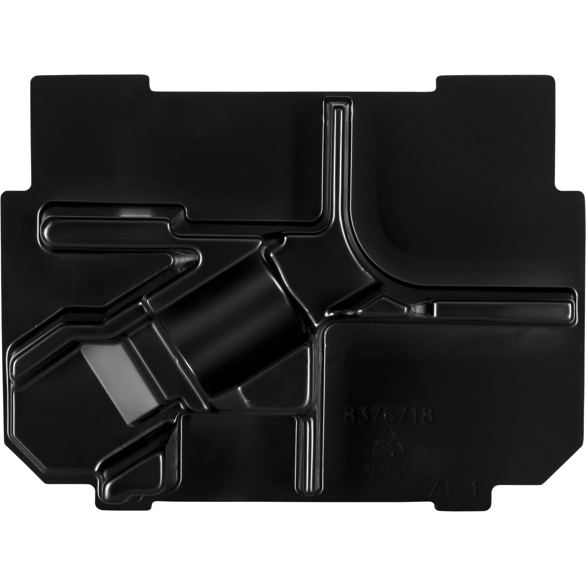 Detailansicht einer schwarzen Kunststoffverpackungsform mit komplizierten Konturen und Öffnungen