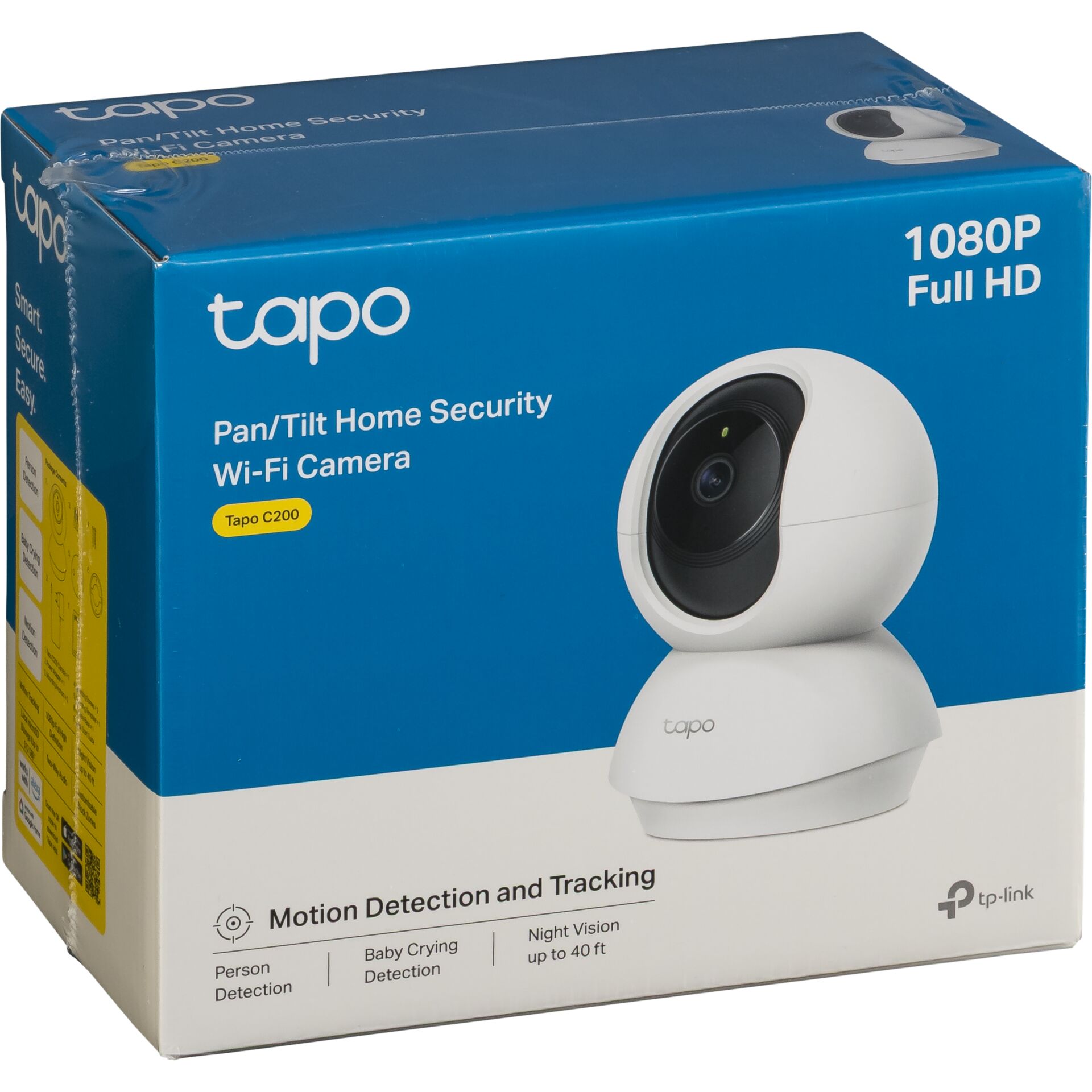 Verpackung einer Tapo C200 WLAN-Überwachungskamera mit Schwenk-/Neigefunktion, 1080P Full HD, Bewegungserkennung und Nachtsicht.