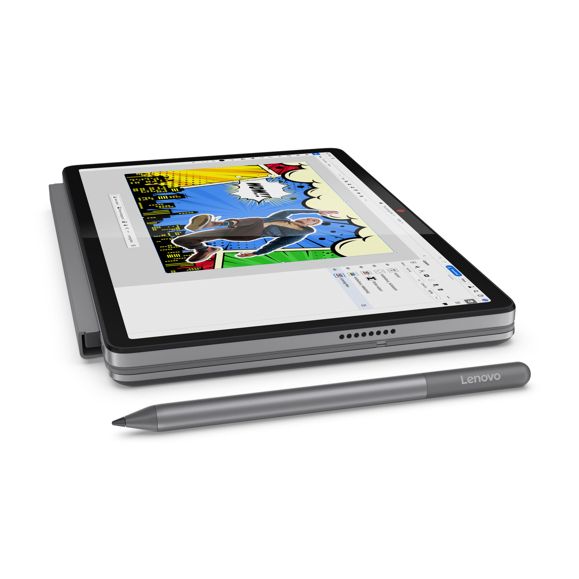 Lenovo Yoga Convertible Laptop im Tablet-Modus mit Grafikprogramm und Stylus-Stift, geeignet für kreative Arbeiten