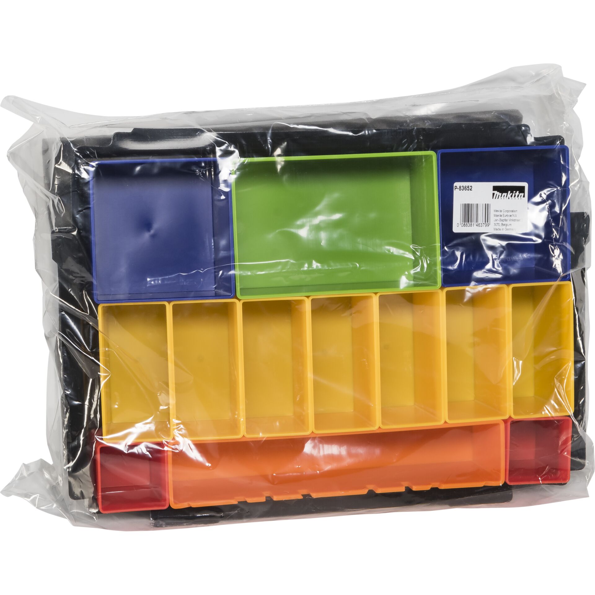 Sortimentskasten mit gelben, grünen, blauen und roten Fächern in Plastikverpackung