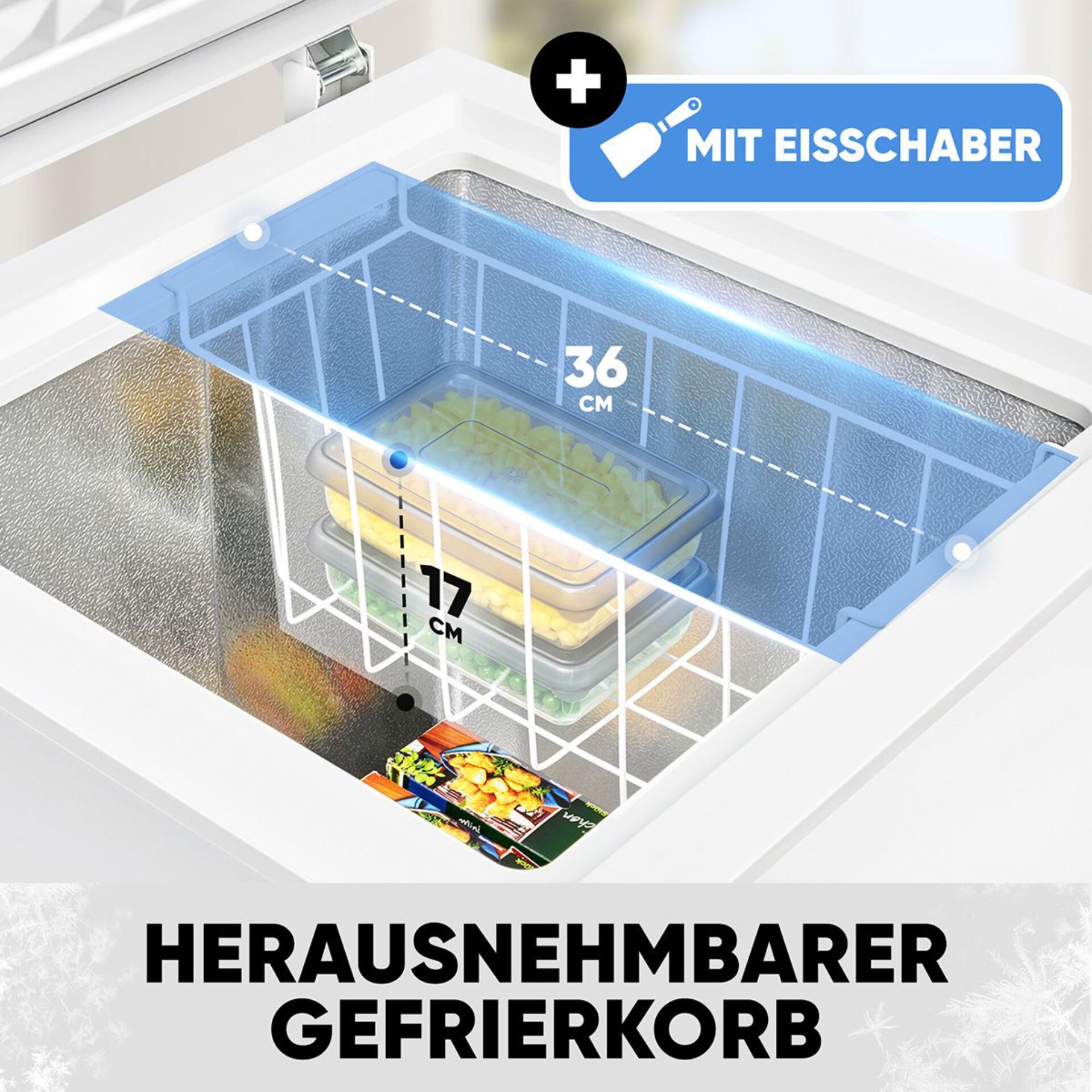 Gefrierschrank mit herausnehmbarem Gefrierkorb, 36 cm lang und 17 cm tief, inklusive Eisschaber
