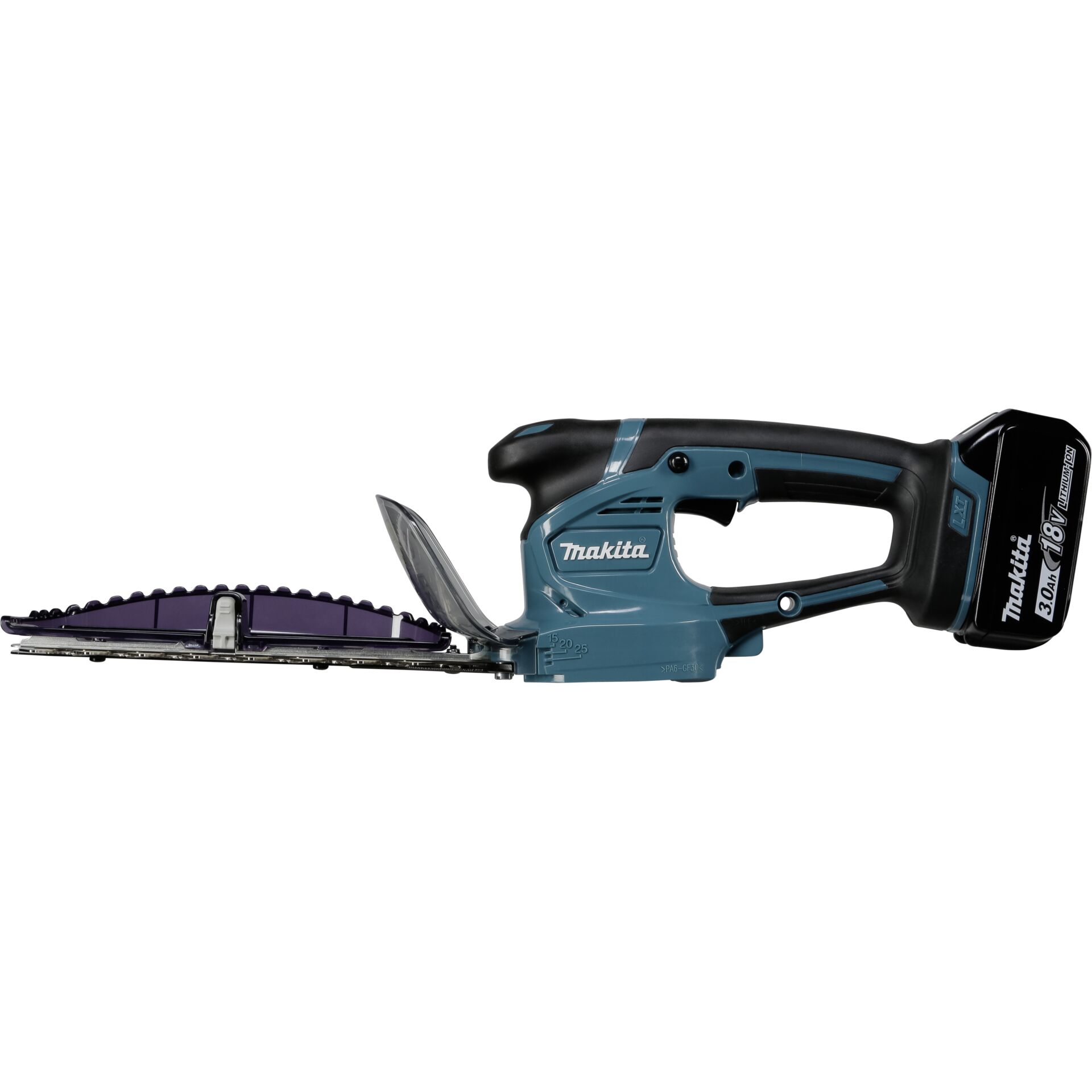 Seitenansicht der Makita Akku-Grasschere mit schwarzem Griff und 18V Li-Ionen-Akku, Klinge nach links zeigend