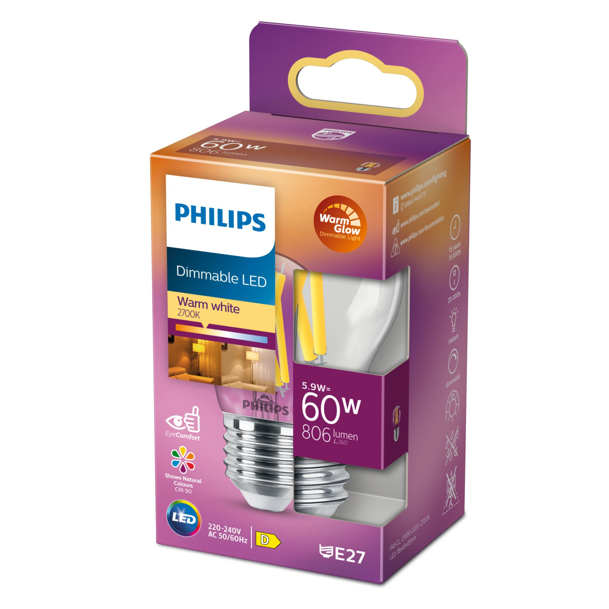 Philips LED WarmGlow Lampe 60W E27 Tropfen Klar 1er P 92169156_3946977845