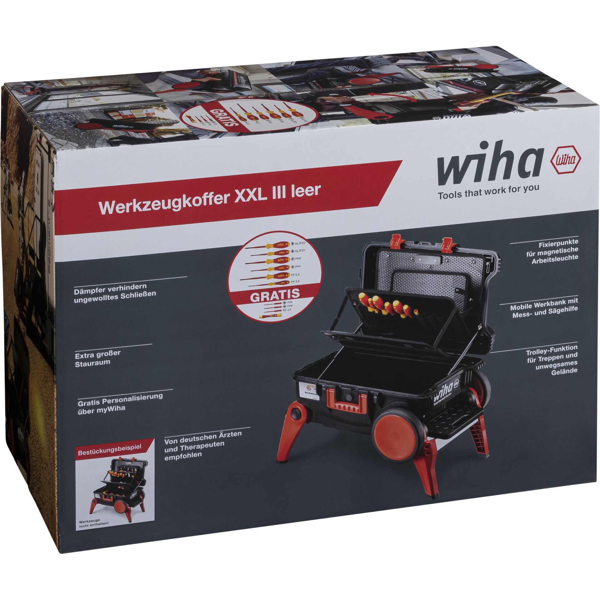 Produktverpackung des leeren Werkzeugkoffers XXL III von Wiha mit Details zur Ausstattung wie Dämpfer, großem Stauraum und mobiler Werkbank.