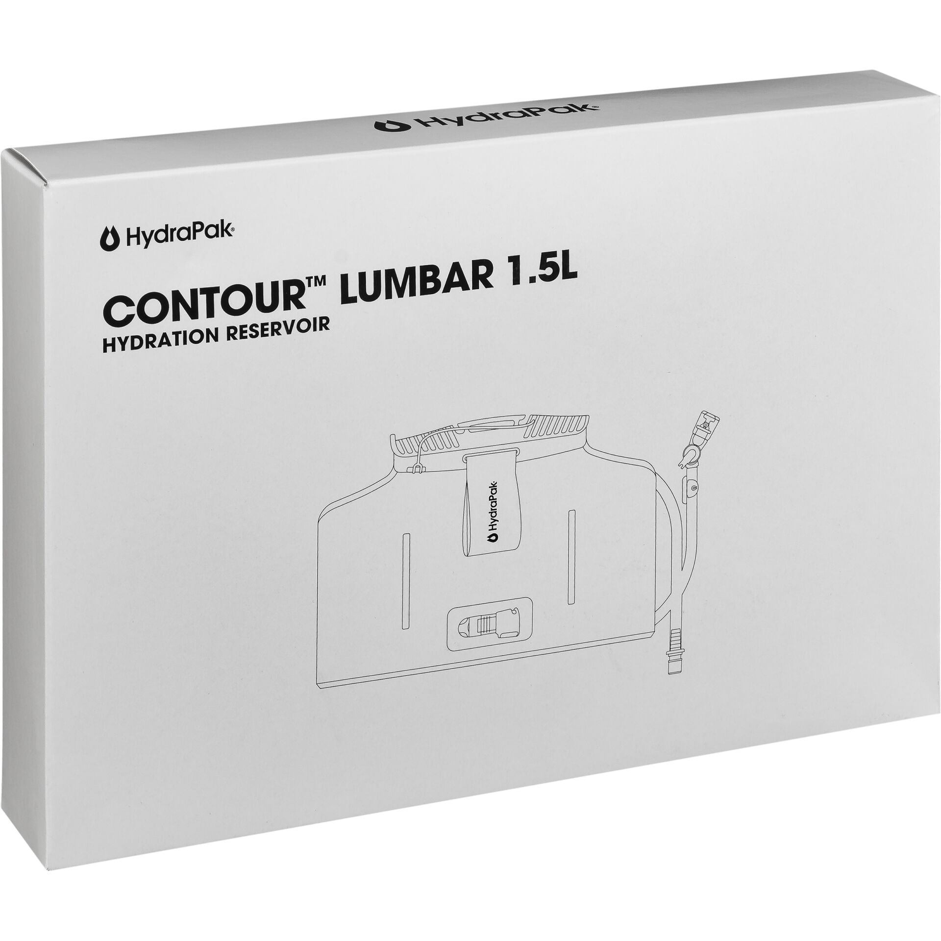 Verpackung des HydraPak Contour Lumbar 1.5L Trinkreservoirs mit Produktillustration