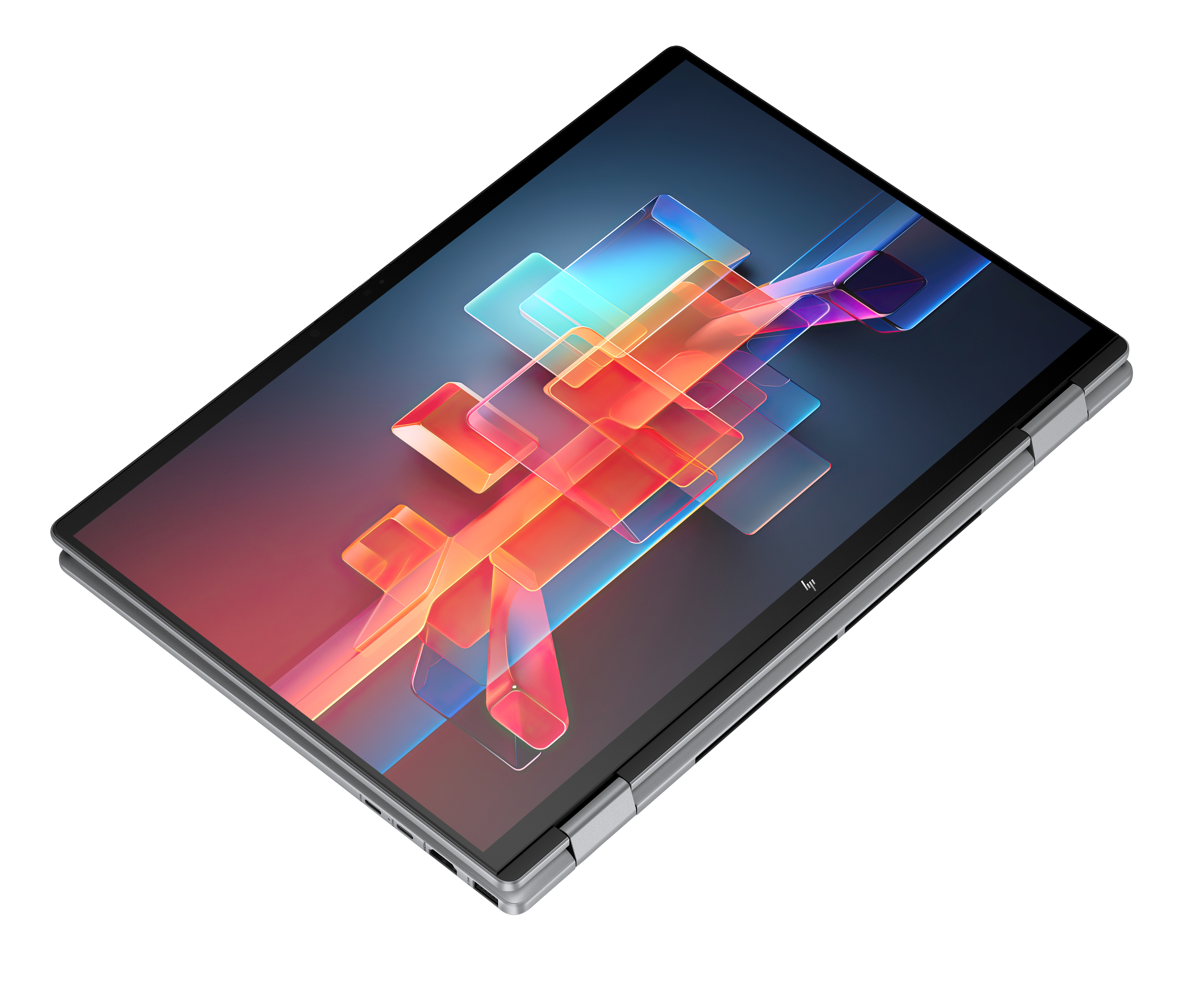 Flaches, zusammengeklapptes Convertible Laptop mit buntem, abstrakten Bildschirmdesign