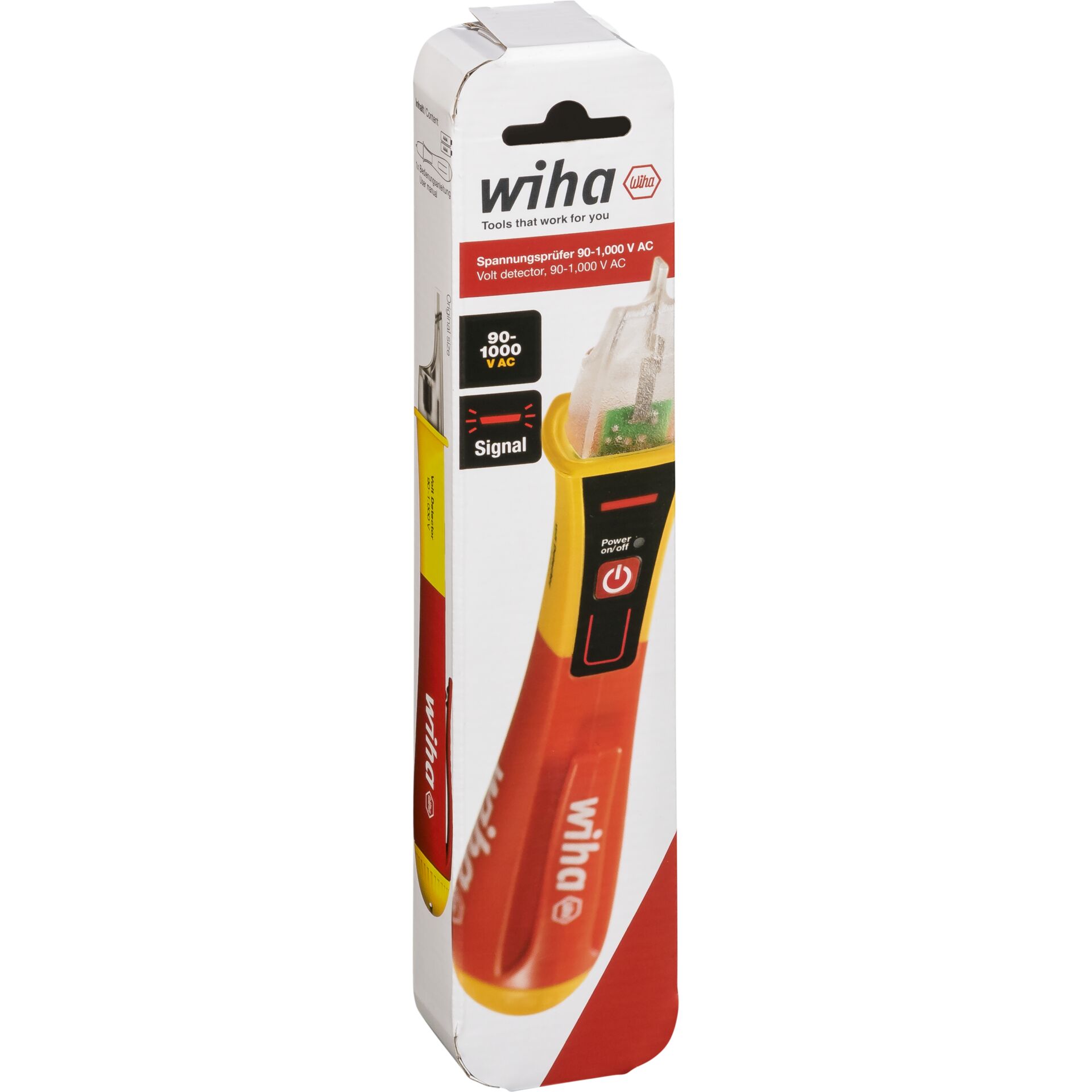 Verpackung des Wiha Spannungsprüfers mit Spannungsbereich 90-1000 V AC und Signal-Anzeige