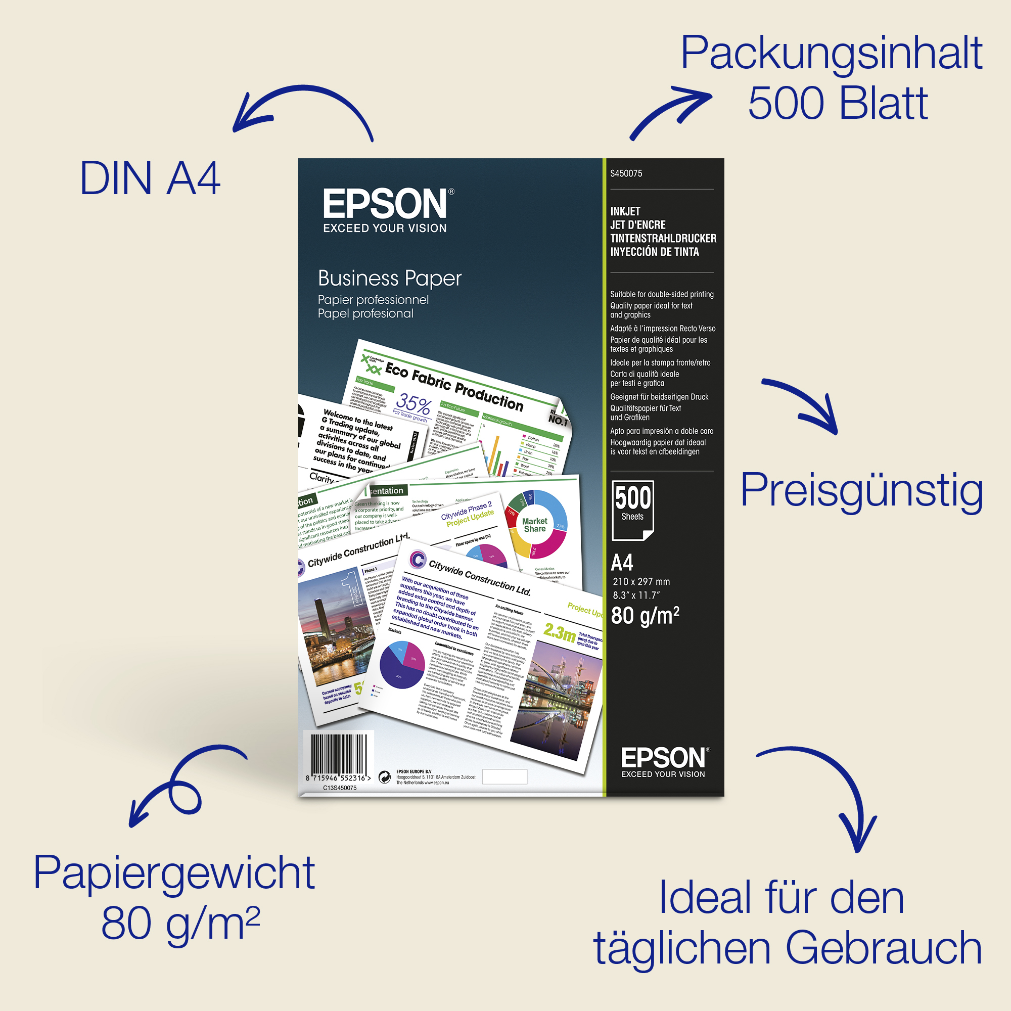 Epson Papier C13S450075 -A4-500 Blatt- 353e89884e97a8ea04e662a08de0c97b3c824597