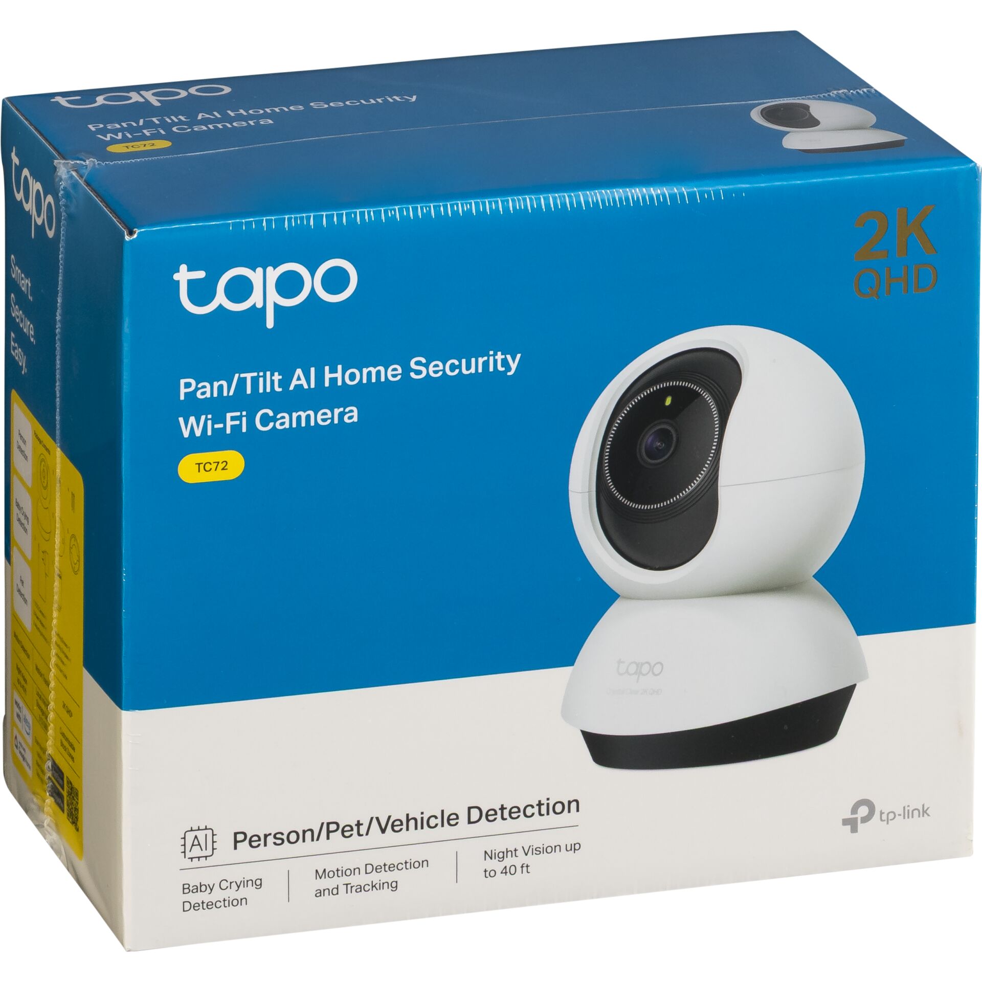 Verpackung der Tapo Pan/Tilt AI Home Security Wi-Fi Kamera TC72 mit 2K QHD-Auflösung und intelligenter Erkennung