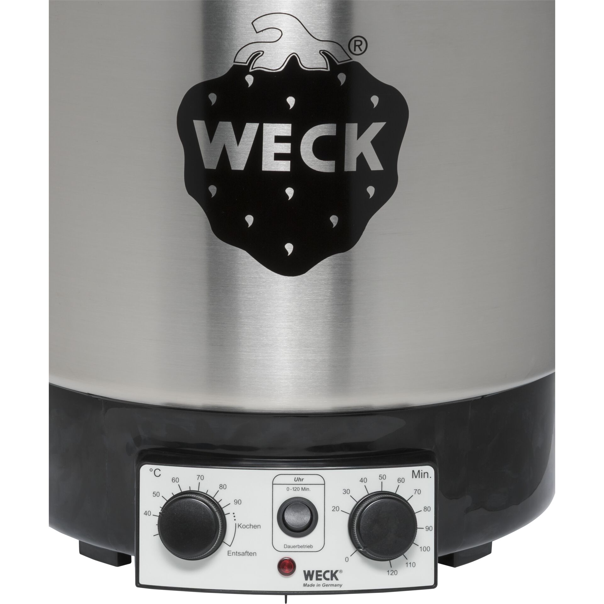 Nahaufnahme eines WECK Einkochautomaten aus Edelstahl, ausgestattet mit einem Bedienfeld für Temperatur und Timer.