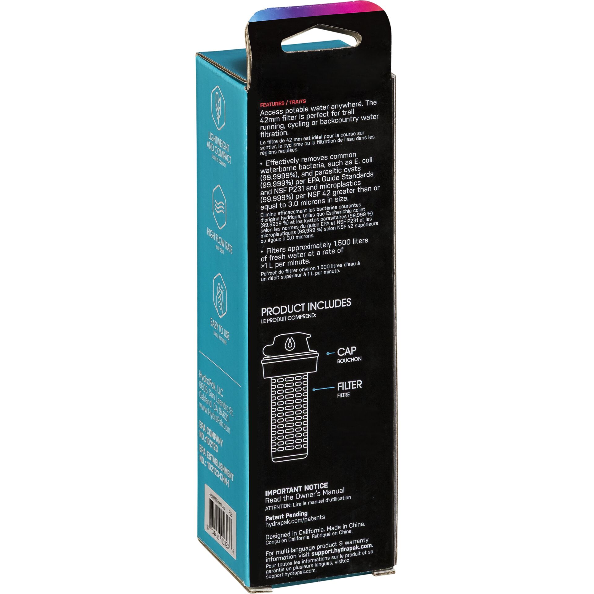 Verpackung eines 42mm Wasserfilters, der Bakterien und Verunreinigungen effektiv entfernt und bis zu 1500 Liter Wasser filtern kann.