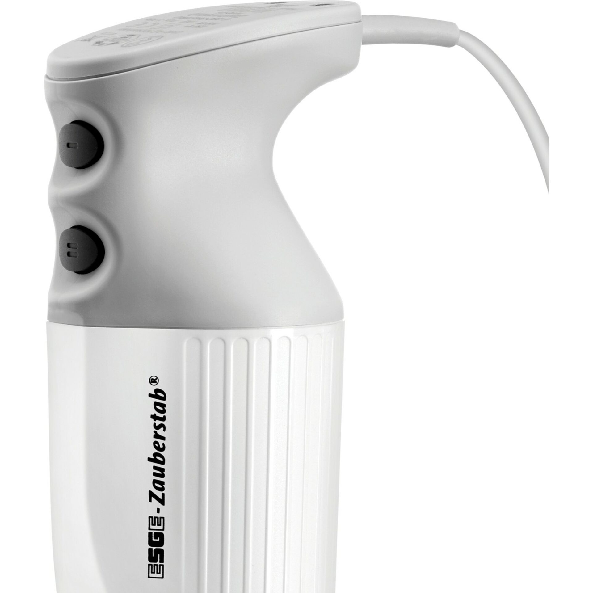 Nahaufnahme eines weißen ESGE Zauberstab Universalmixers mit ergonomischem Griff und zwei Bedienknöpfen.