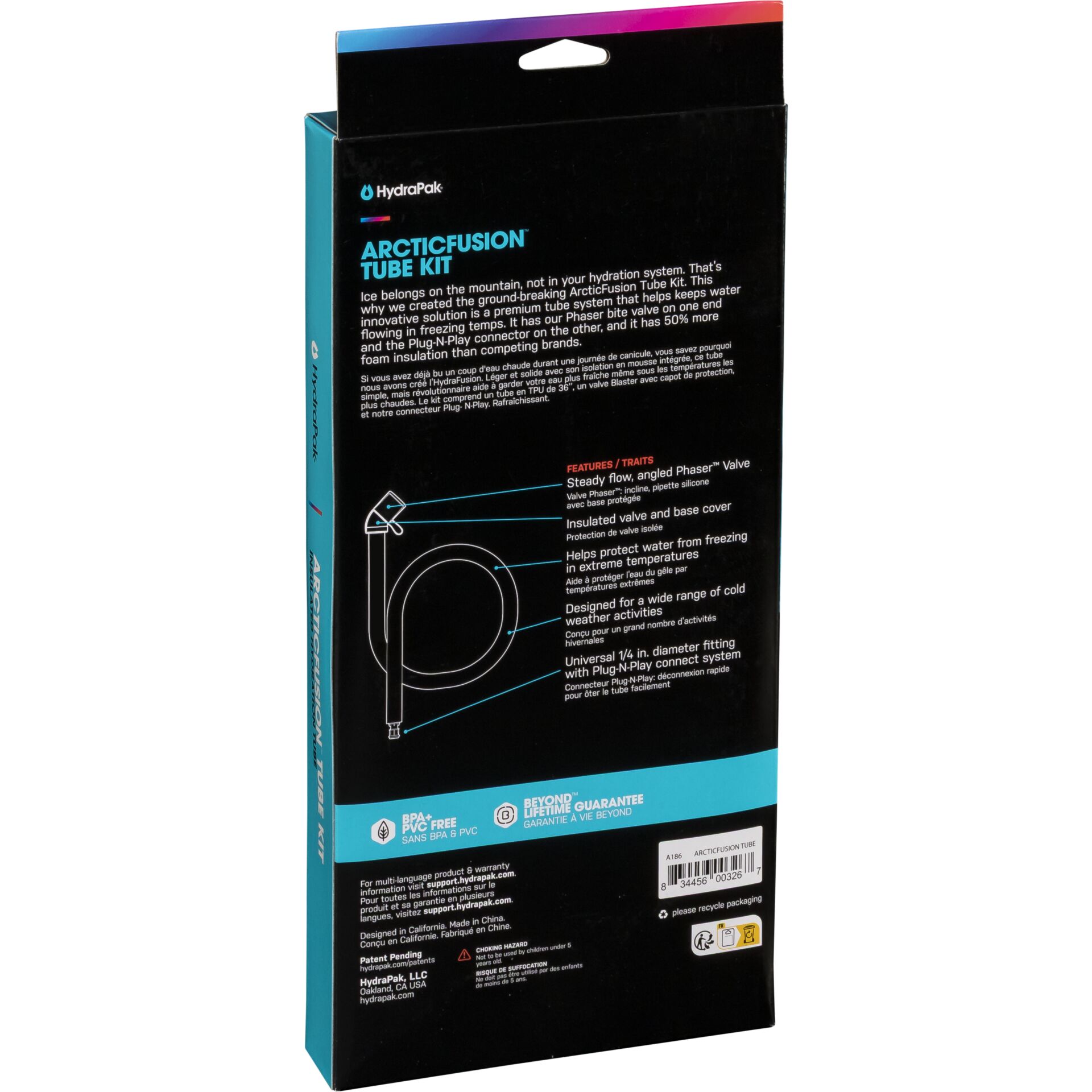 Seitenansicht der HydraPak ArcticFusion Tube Kit Verpackung mit Produktinformationen zu Ventil und Isolation.