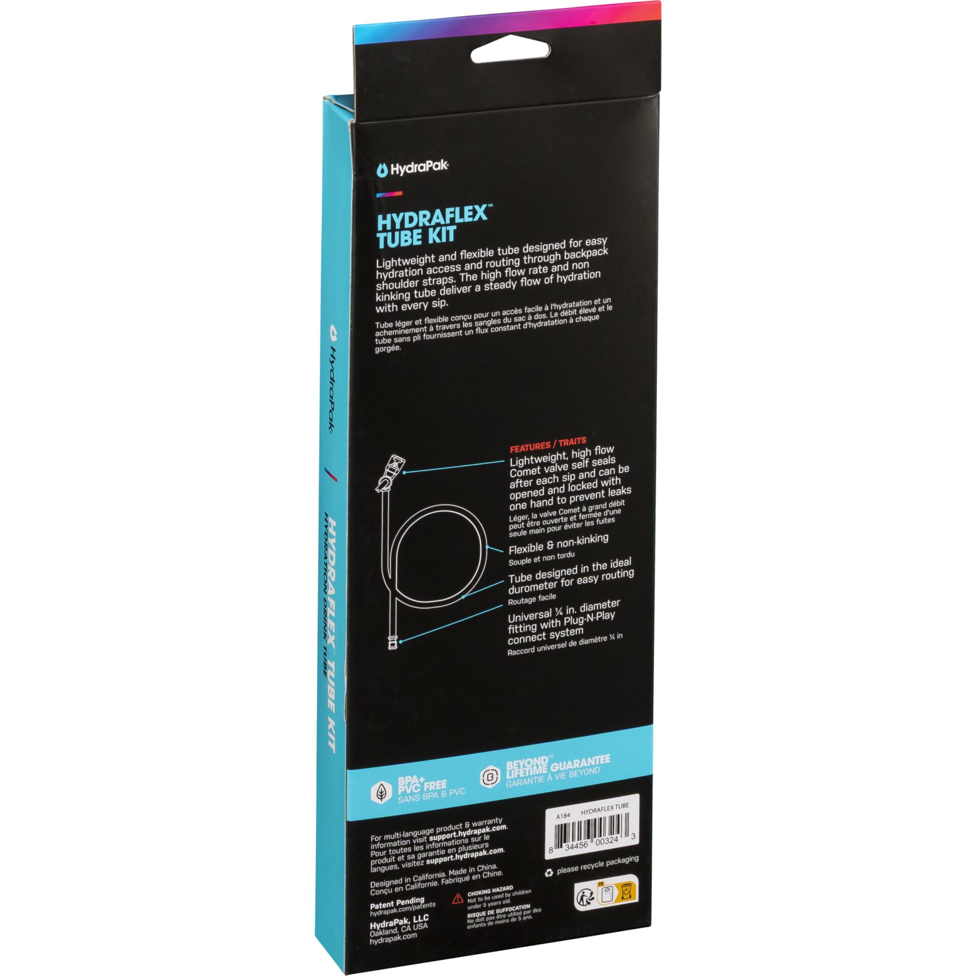 Verpackung des HydraPak HydraFlex Tube Kit mit Produktdetails auf schwarzem Hintergrund.