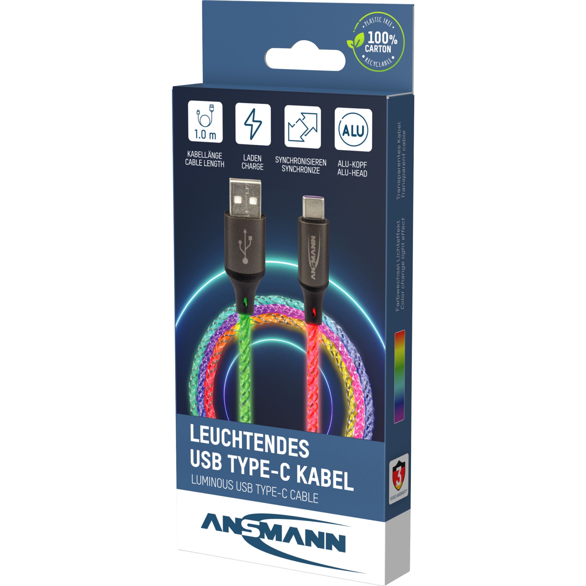 Ansmann USB-A / USB-C Kabel mit LED Beleuchtung 100cm  1700-0158