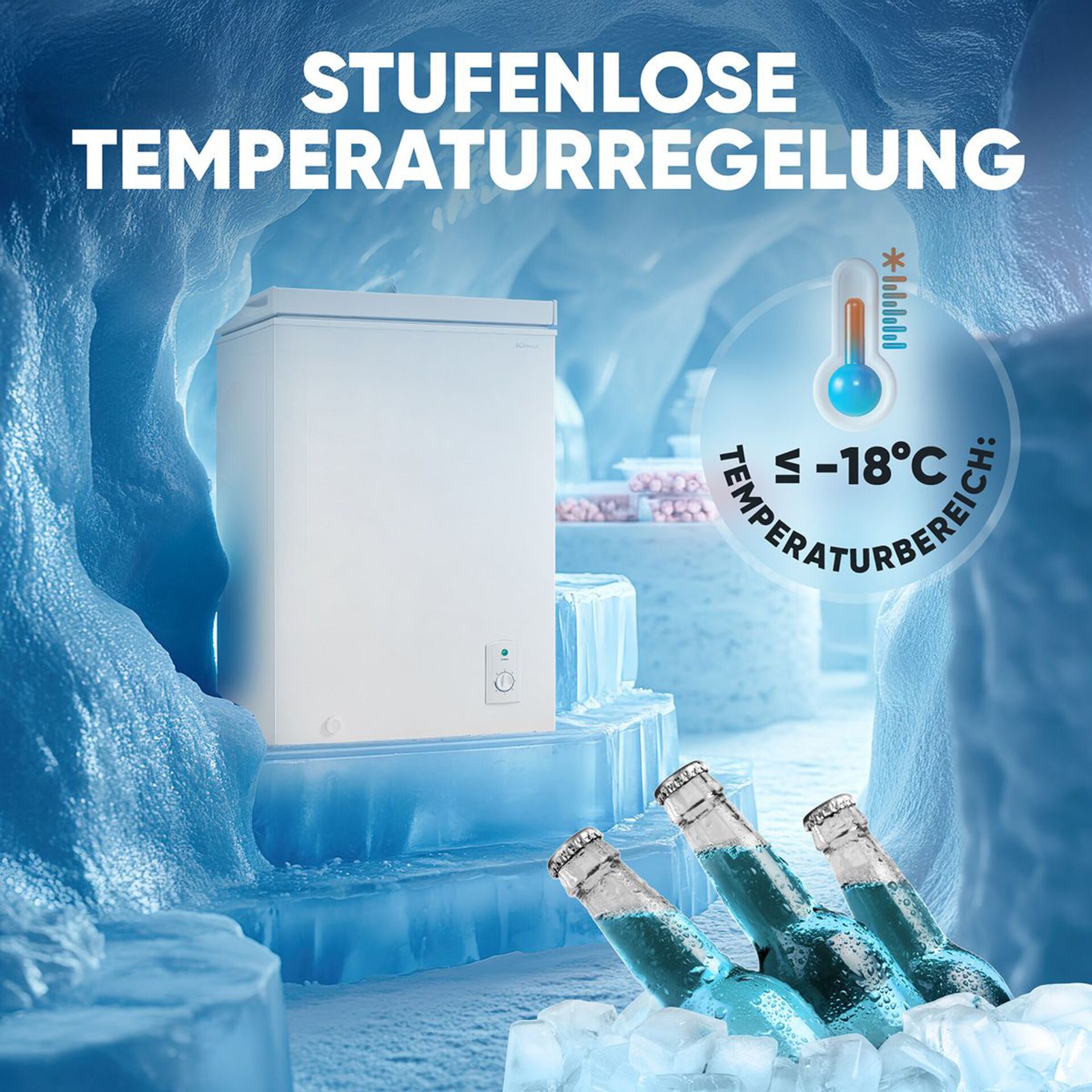 Gefrierschrank in eisiger Umgebung mit stufenloser Temperaturregelung bis -18°C