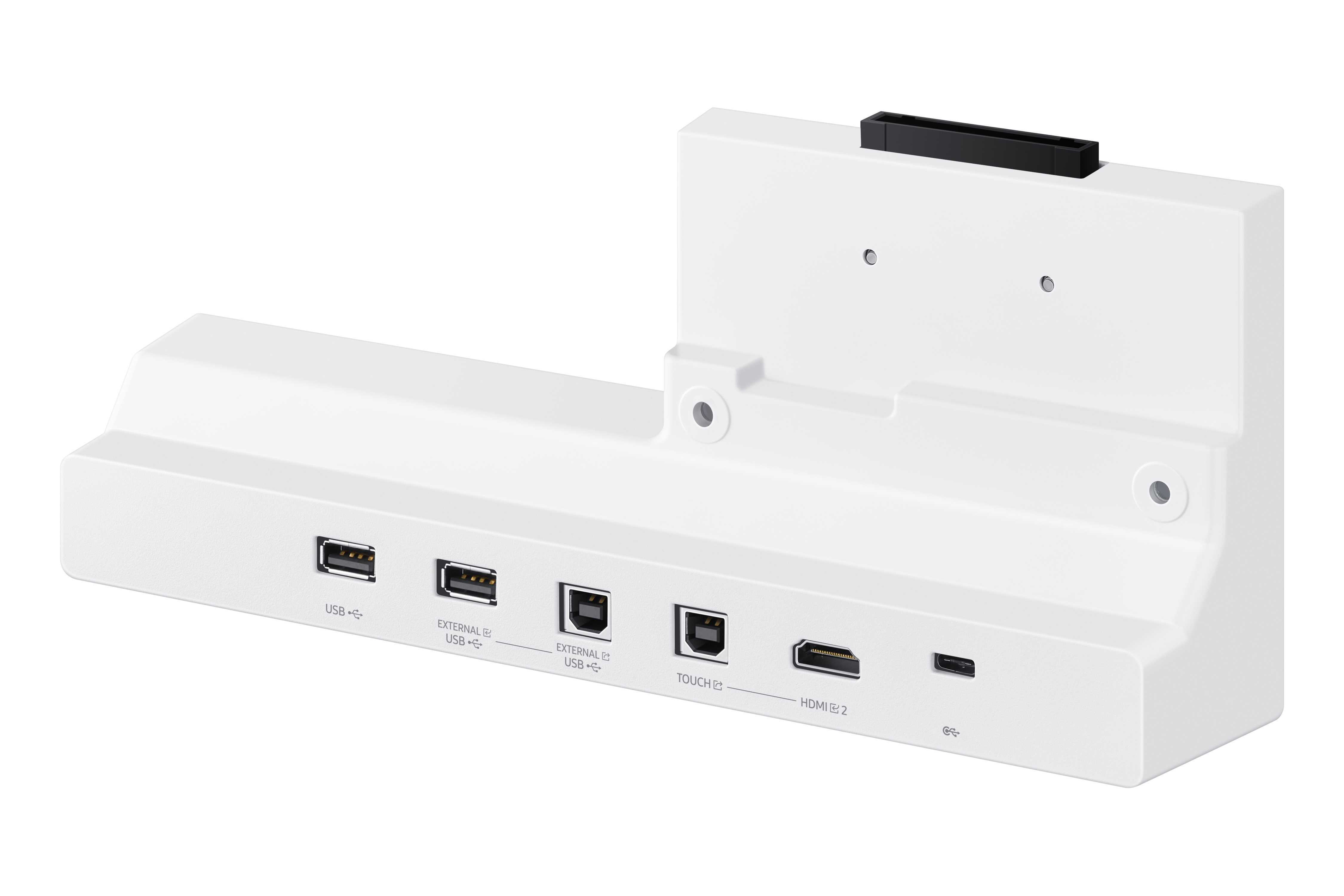 Ein weißer Anschlussdock mit verschiedenen Ports, einschließlich USB-, HDMI- und Ethernet-Anschlüssen, zur Verbindung mehrerer Geräte.