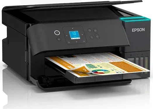 Ein Epson Multifunktionsdrucker, der ein Dokument druckt, mit Farbdisplay und moderner Technologie