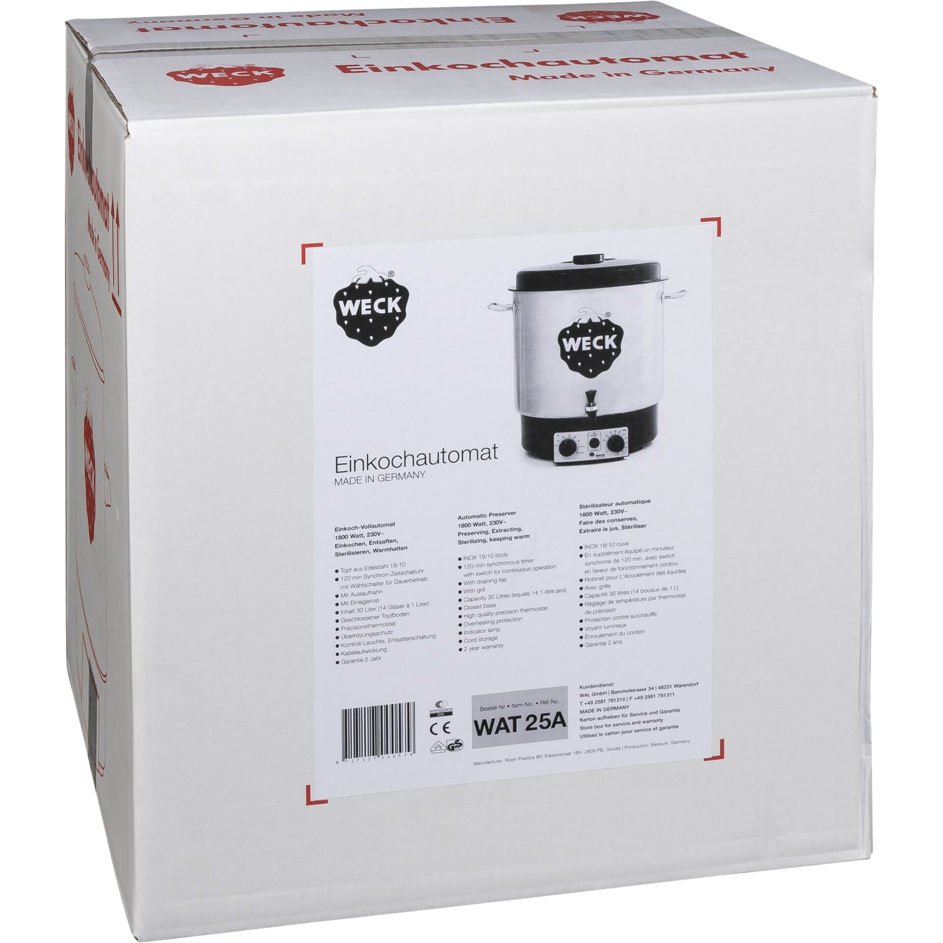 Verpackung des Weck Einkochautomats WAT 25A, erkennbar an der Produktabbildung und Spezifikationen auf der Kartonseite.