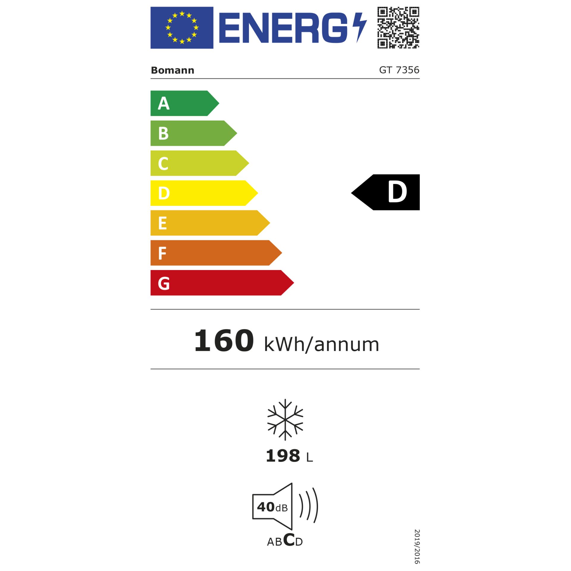 Energieklasse D Label von Bomann GT 7356, 160 kWh pro Jahr, 198 Liter Volumen, 40 dB Lautstärke