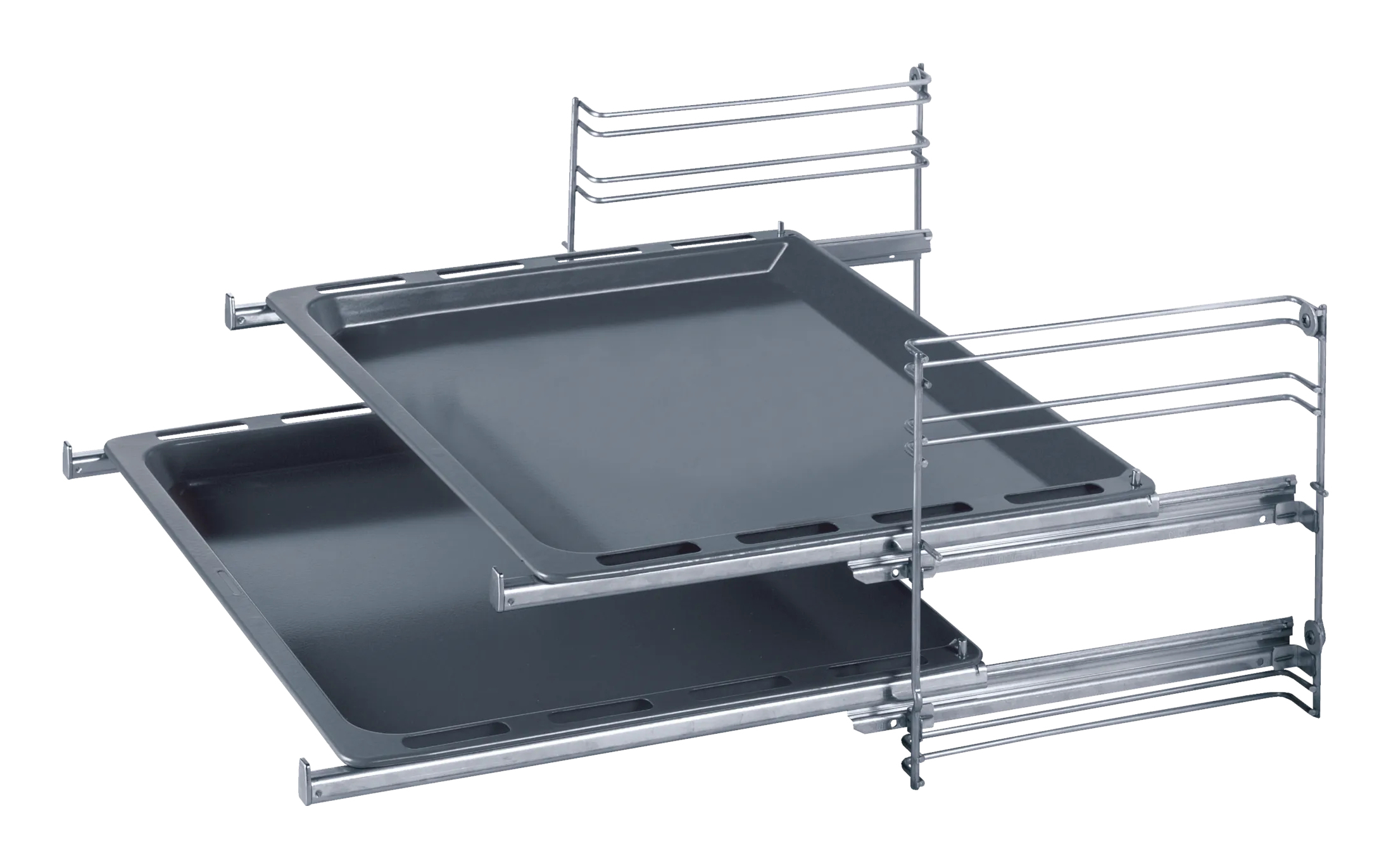 Zwei ausziehbare Backbleche, montiert auf einem Gestell, ideal für bequemes Backen oder Grillen
