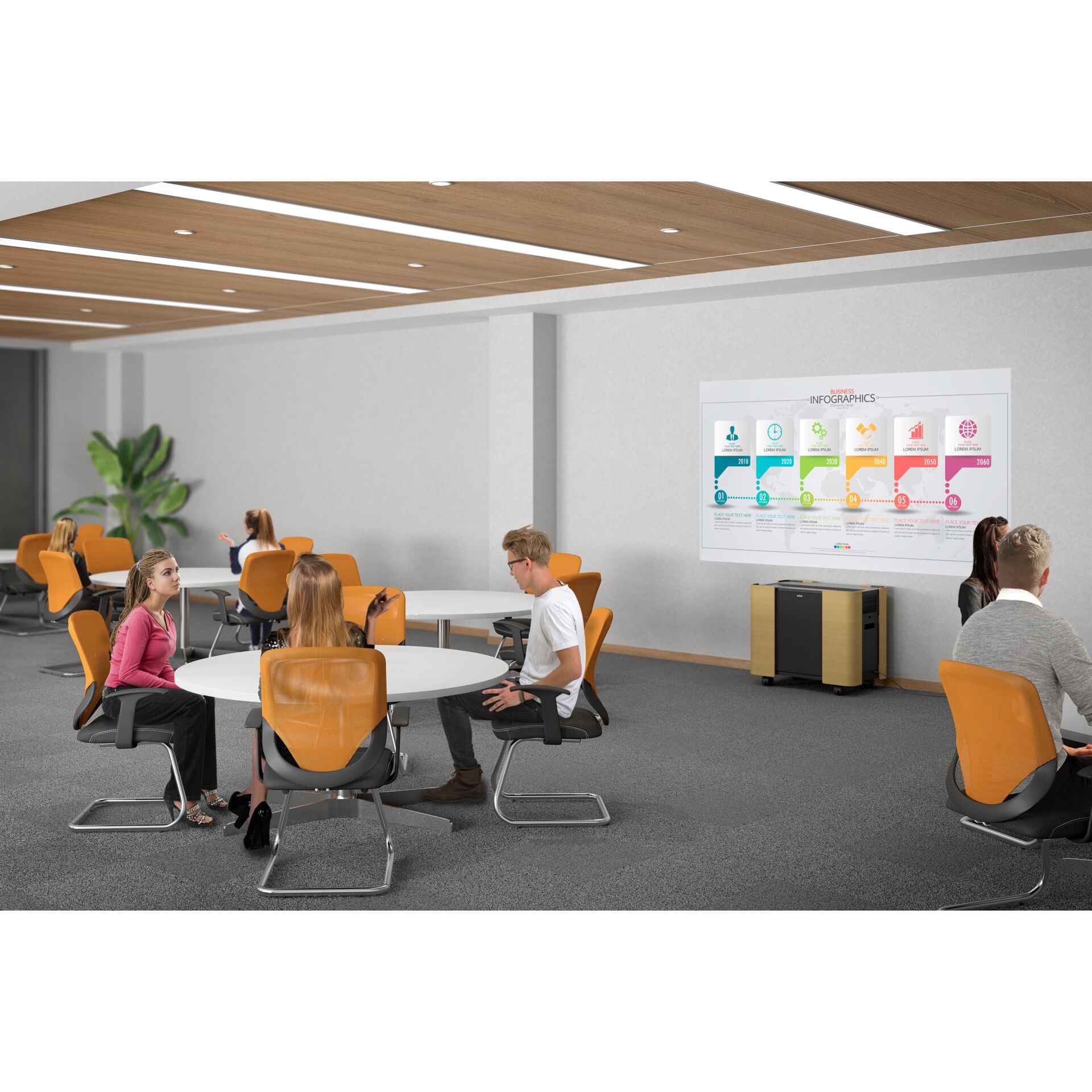 Menschen in einem modernen Büro arbeiten in Gruppen an runden Tischen, eine Infografik hängt an der Wand.
