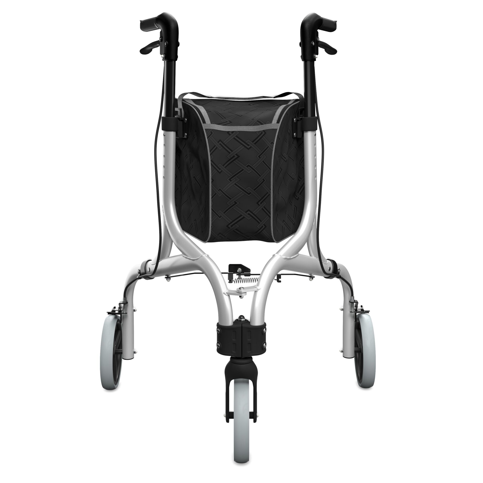 Vorderansicht eines modernen Rollators mit schwarz-grauer Einkaufstasche und ergonomischen Handgriffen