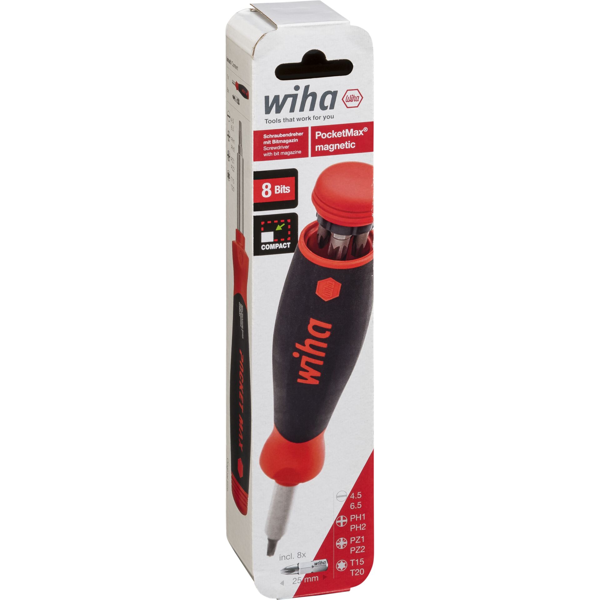 Verpackung des Wiha PocketMax magnetischen Schraubendrehers, inklusive 8 Bits, ideal für vielseitige Anwendungen.