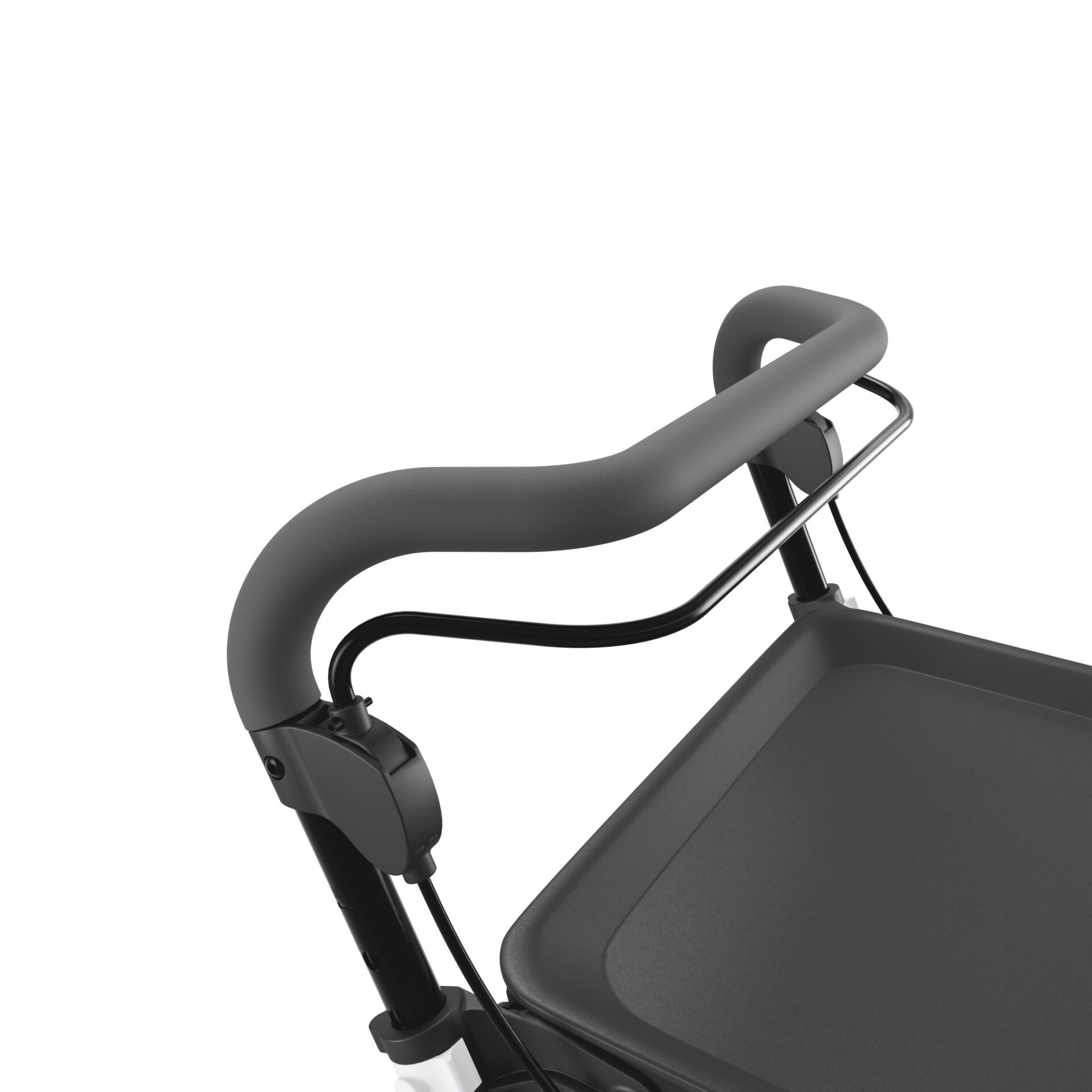 Nahaufnahme eines ergonomischen Handgriffs eines modernen Einkaufswagens mit Ablagefläche