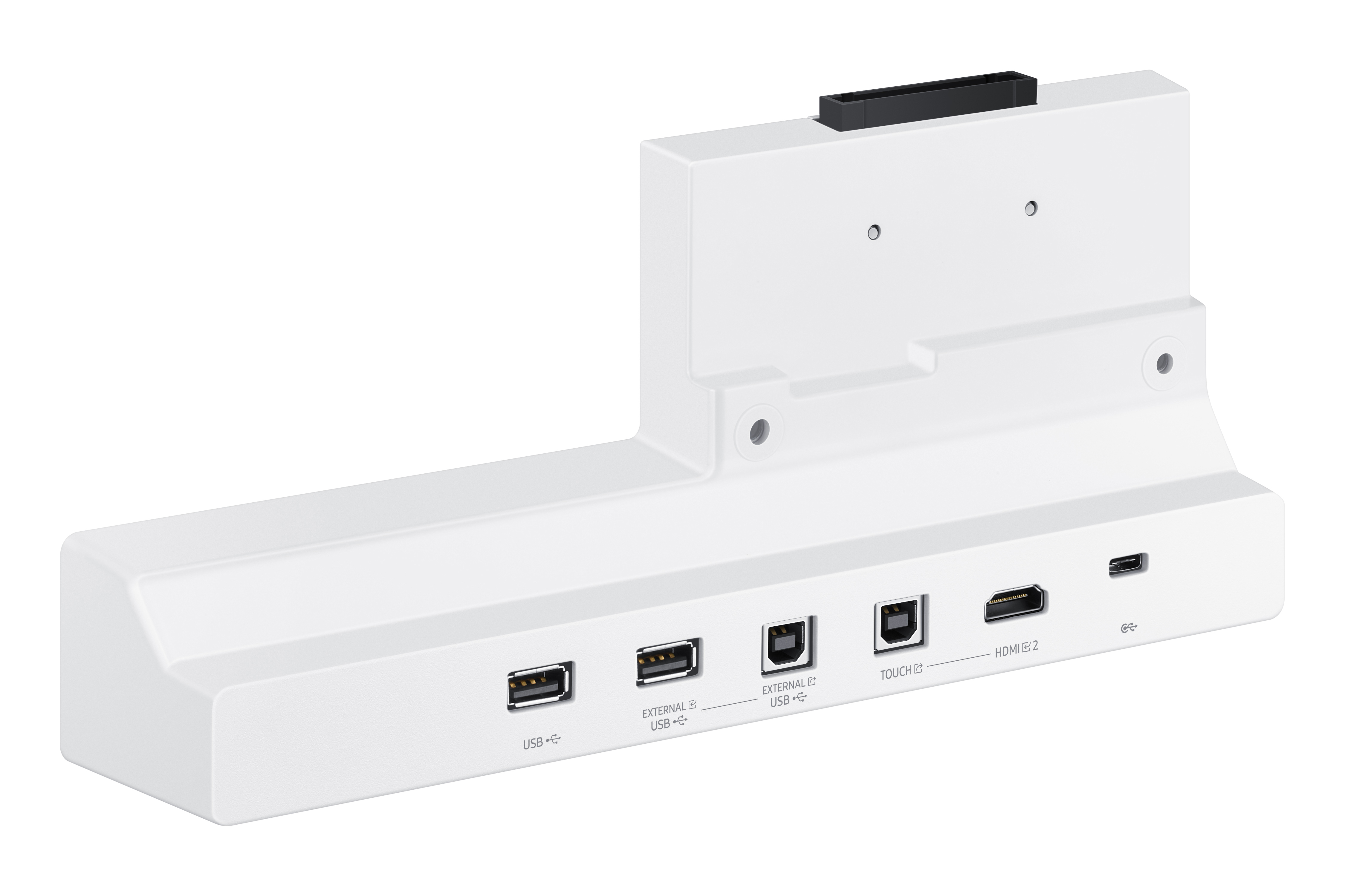 Weiße Dockingstation mit USB-, HDMI- und anderen Anschlüssen
