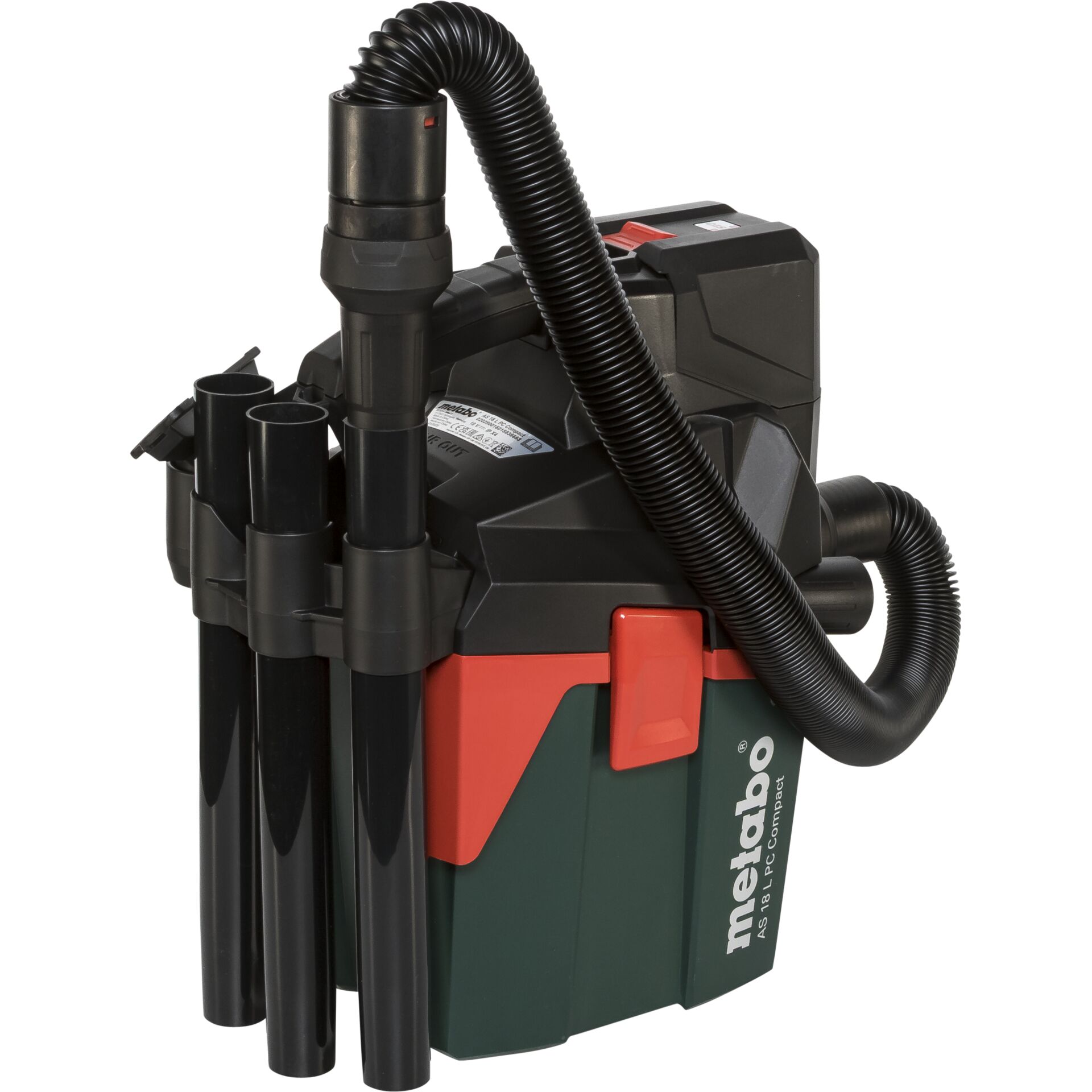 Bild eines Metabo AS 18 L PC Compact Akku-Staubsaugers mit Zubehörschläuchen