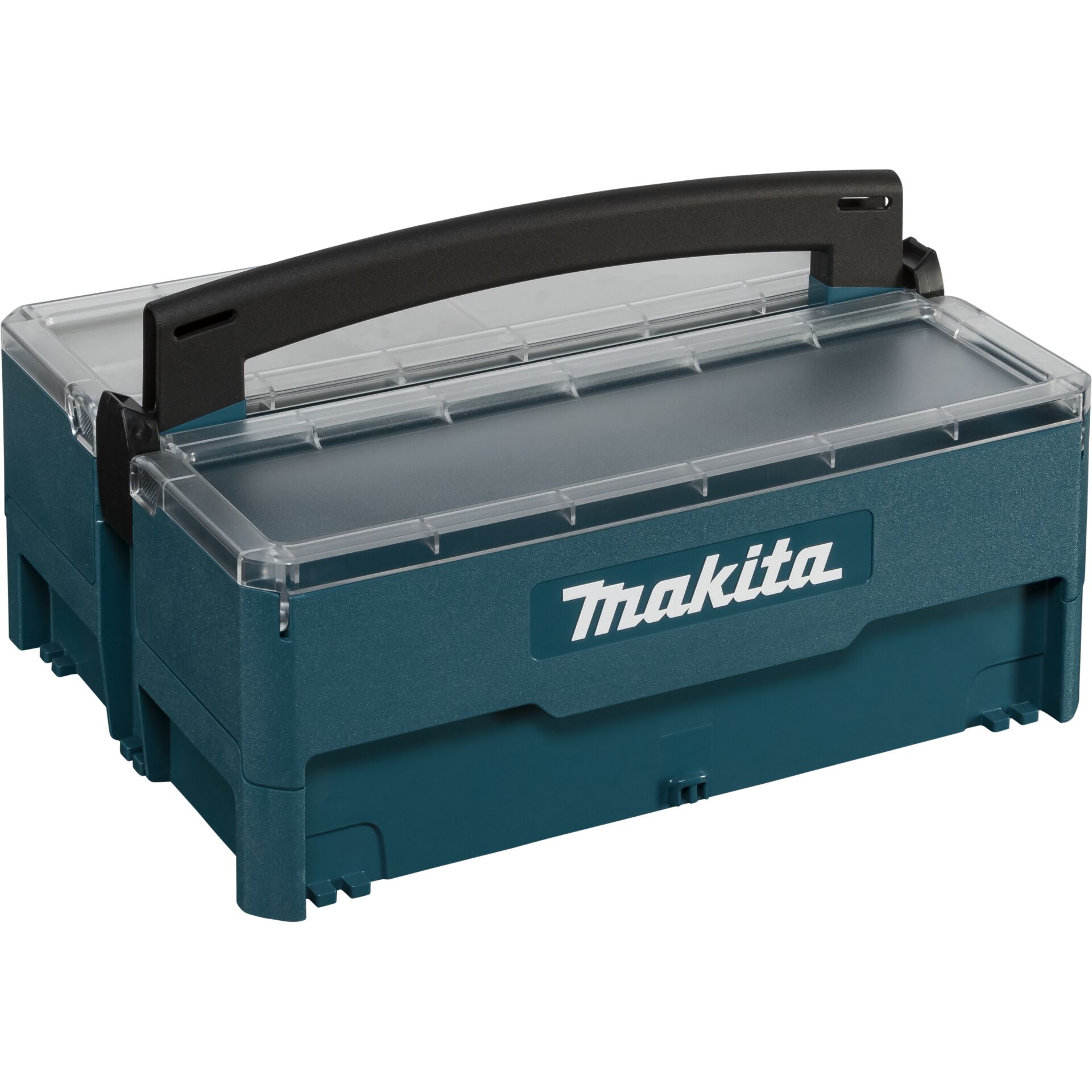 Makita Werkzeugbox mit transparentem Deckel und Griff Makita Werkzeugbox mit transparenter Oberseite und Griff für einfache Handhabung