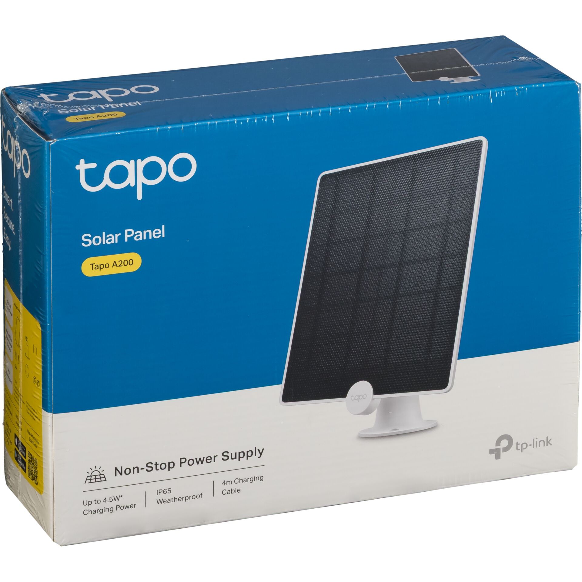 Verpackung des Tapo A200 Solarpanels mit 4m Ladekabel und Schutzart IP65 von TP-Link