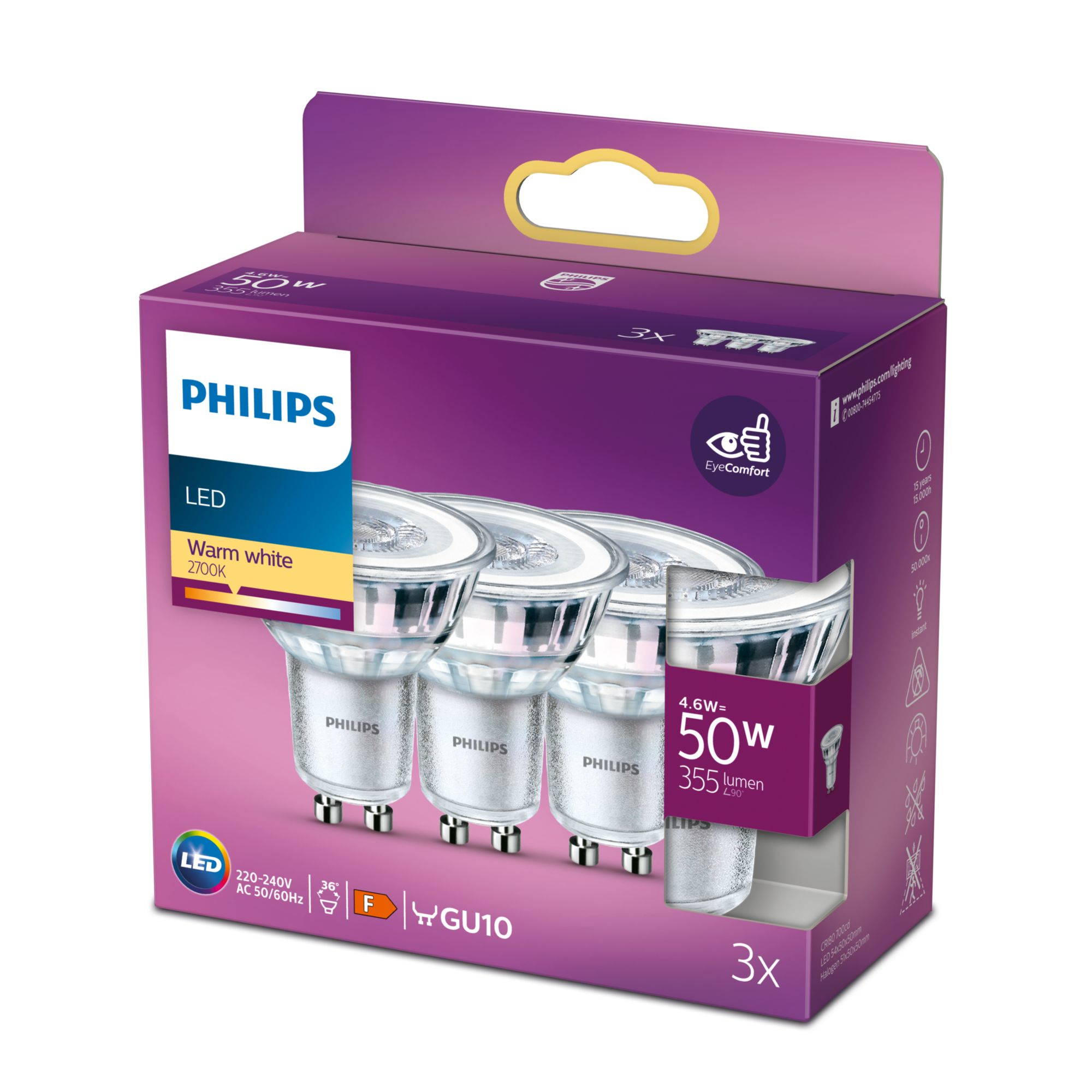 Philips LED classic Lampe 50W GU10 Warmw 355lm Silber 3erPack 80339093_0794587126