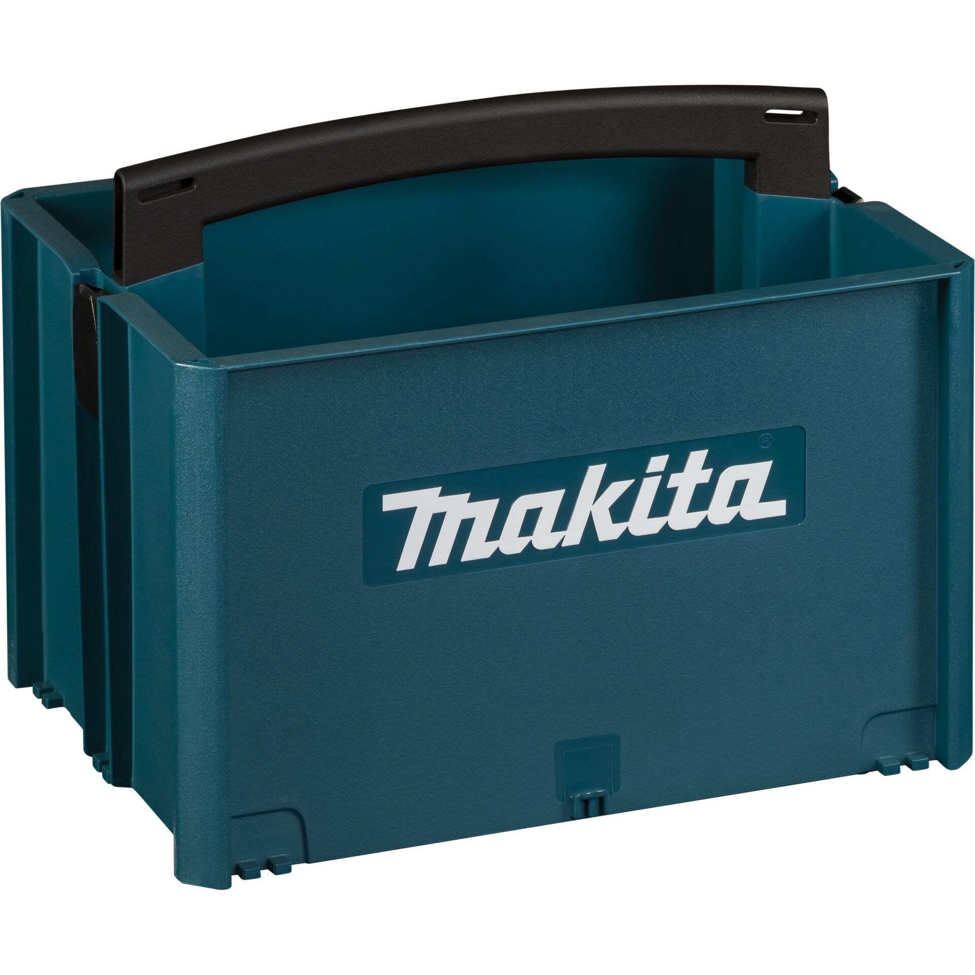 Blau-grüne Makita Werkzeugkiste mit schwarzem Tragegriff und dem Makita-Logo