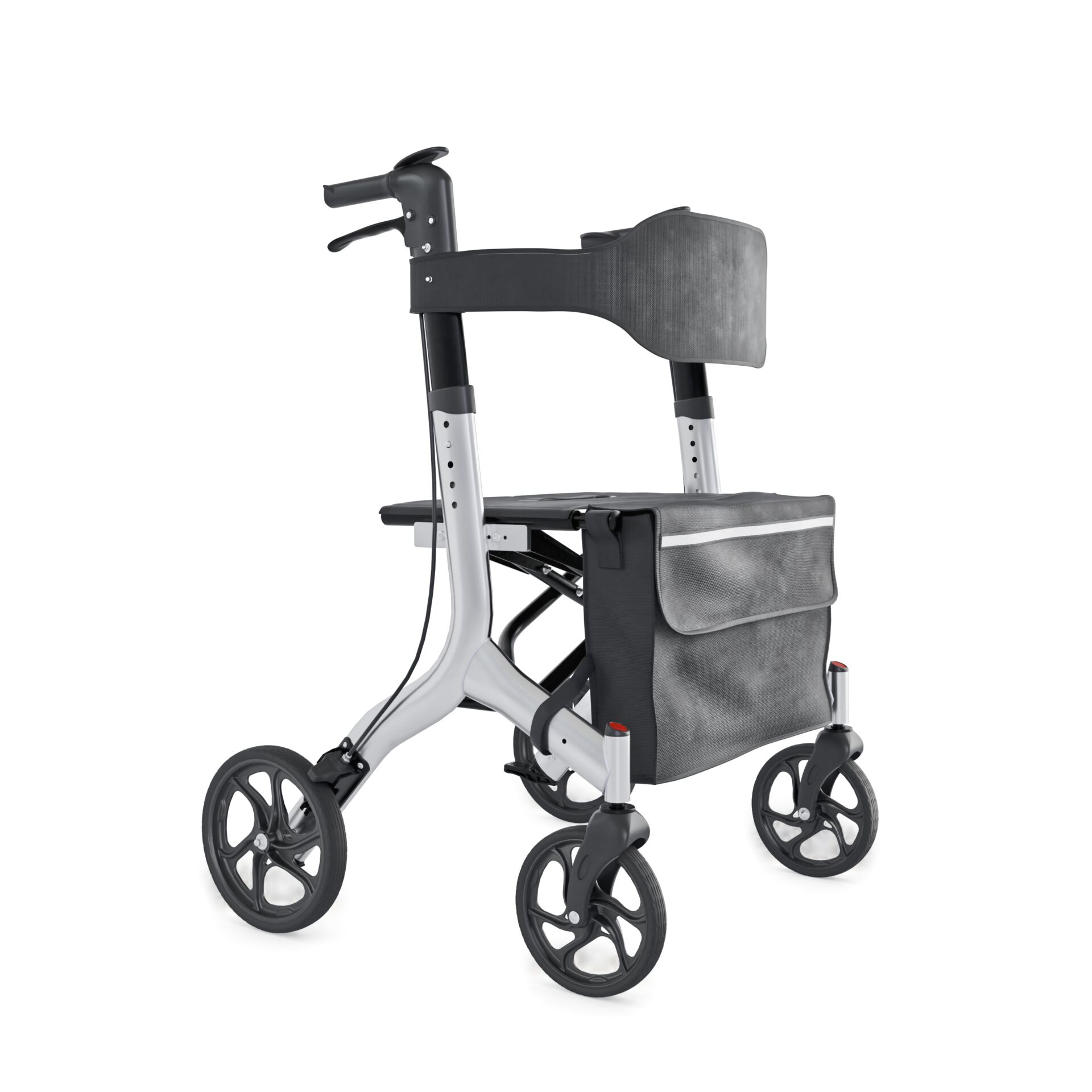 Ein moderner Rollator mit ergonomischen Griffen und integrierter Tasche auf weißem Hintergrund