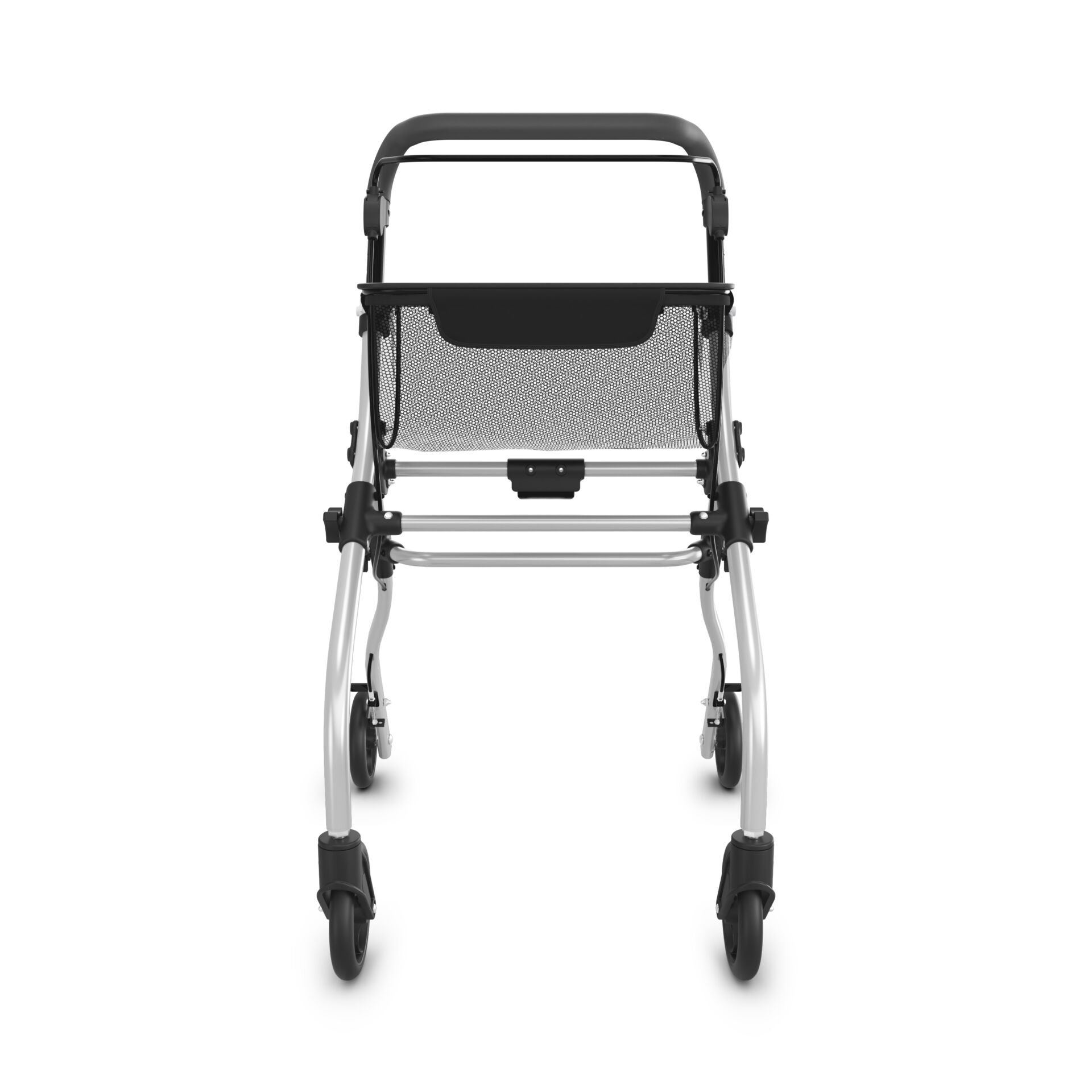 Vorderansicht eines modernen Rollators mit Aluminiumrahmen und schwarzem Griff, ausgestattet mit vier stabilen Rädern und einer Aufbewahrungstasche.