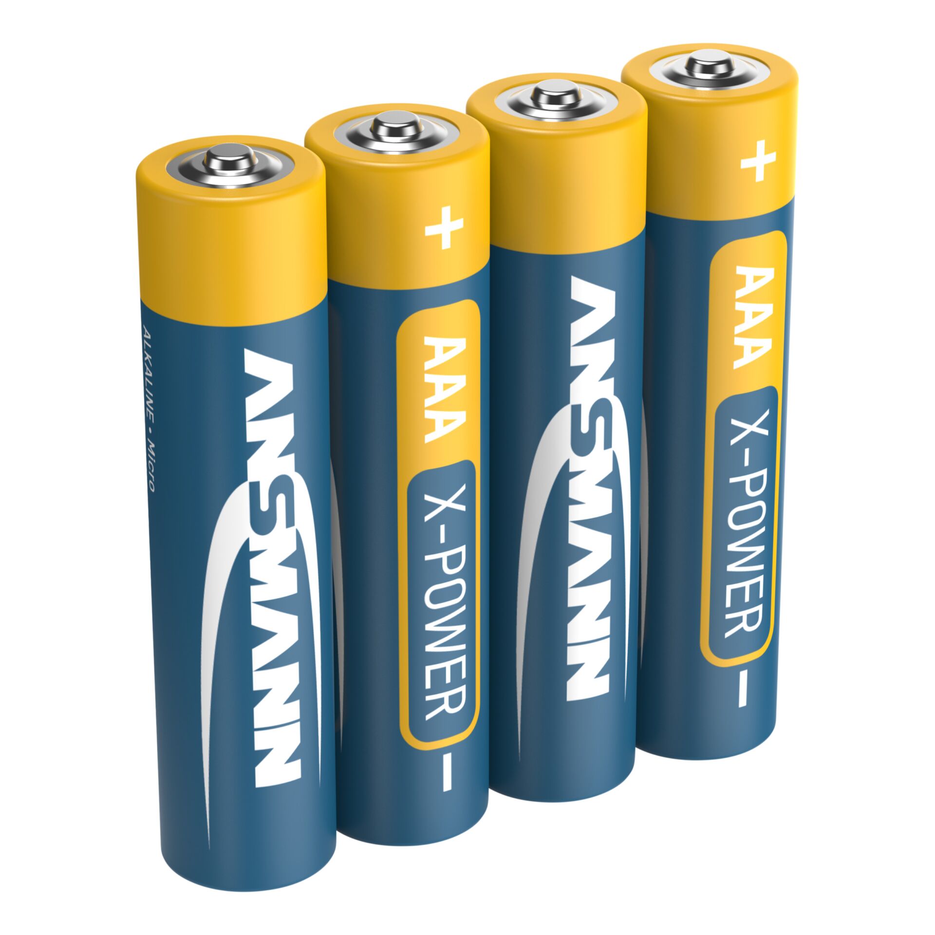Vier AAA Alkaline-Batterien im 4er-Pack mit gelb-blauem Design