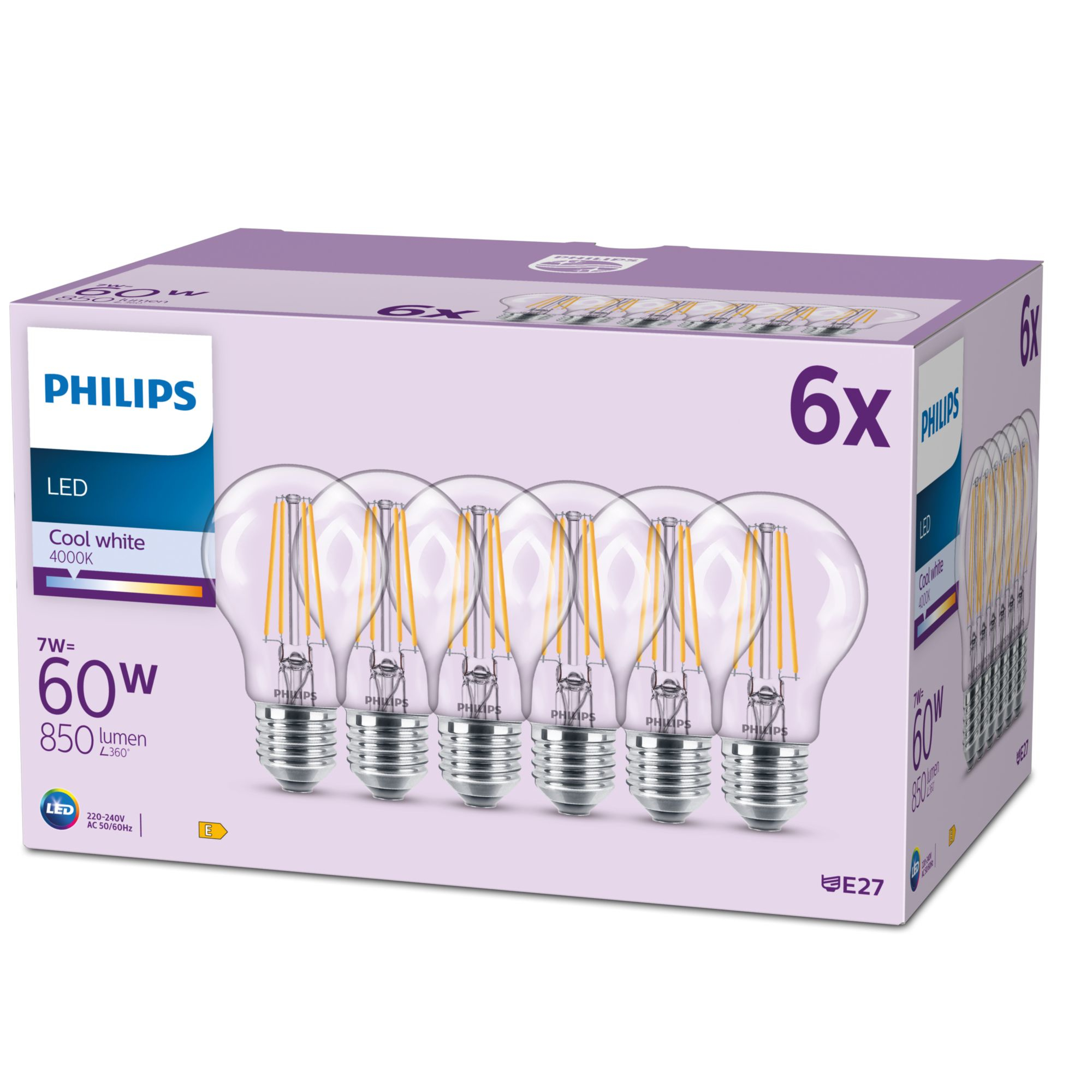 Philips LED classic Lampe 60W E27 Kaltweiß 850lm klar 6er P 99482025_9968628585