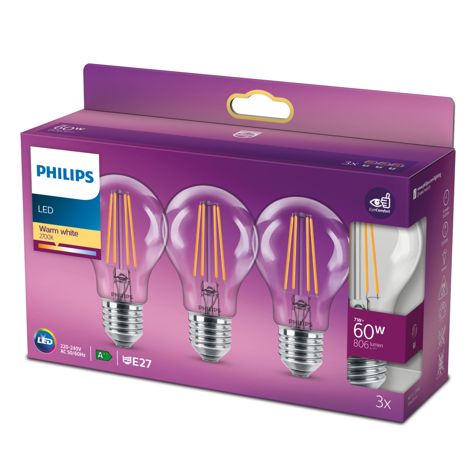 Philips LED classic Lampe 60W E27 Warmweiß 806lm klar 3erPack 80155218_9432697968