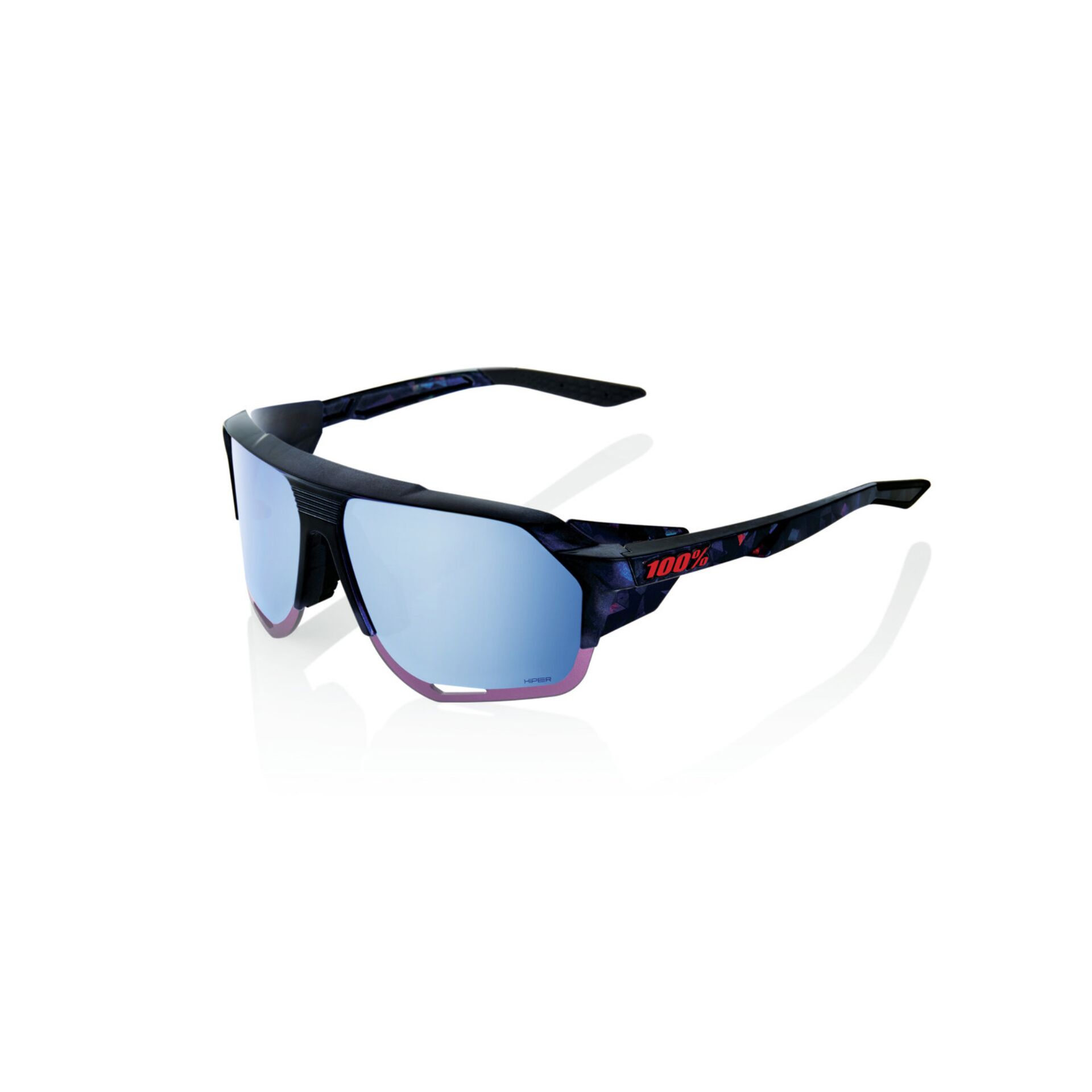 Sportsonnenbrille mit moderner, kantiger Form und blauem Spiegelglas