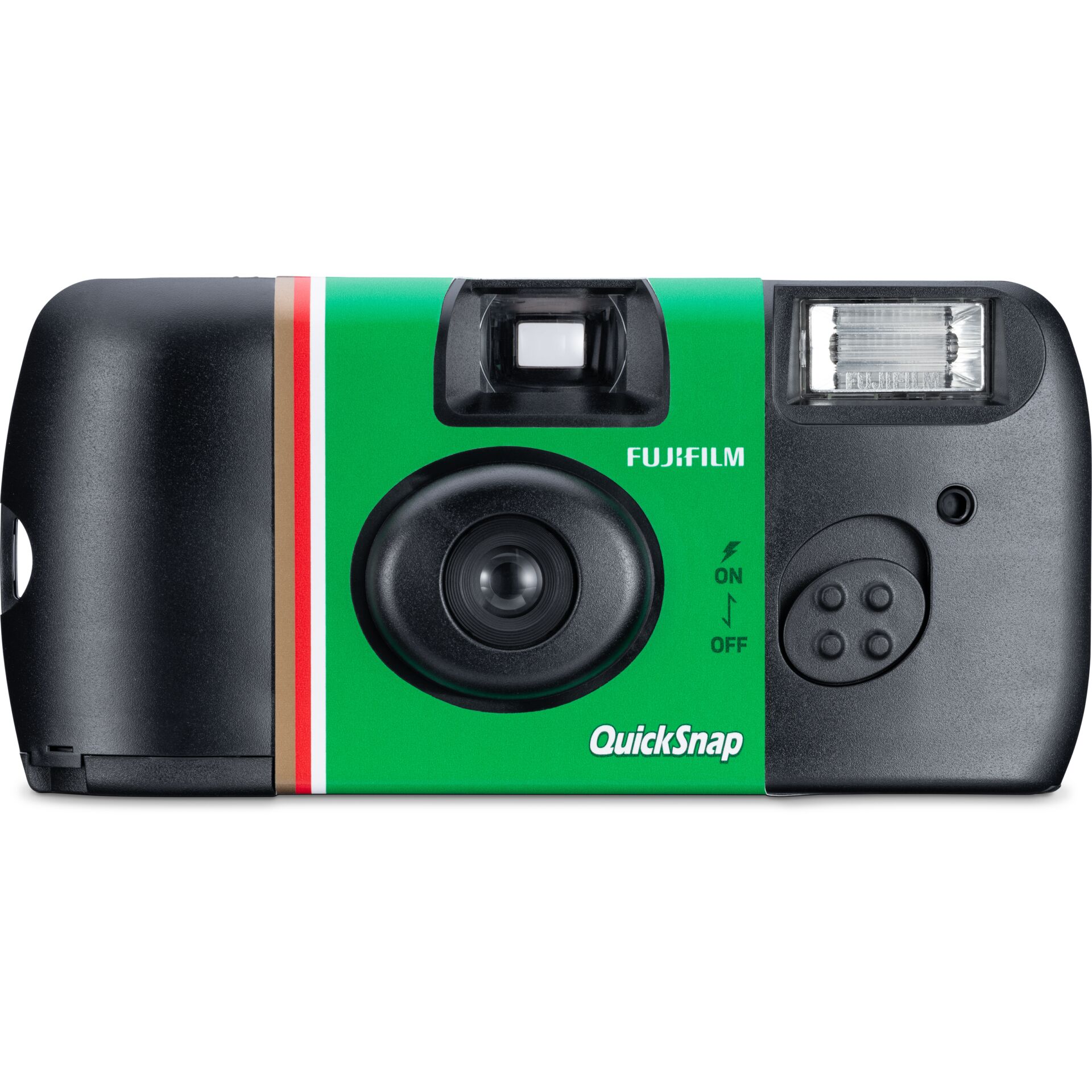 Fujifilm QuickSnap Einwegkamera mit grünem und schwarzem Design, ausgestattet mit Blitz und Objektiv.