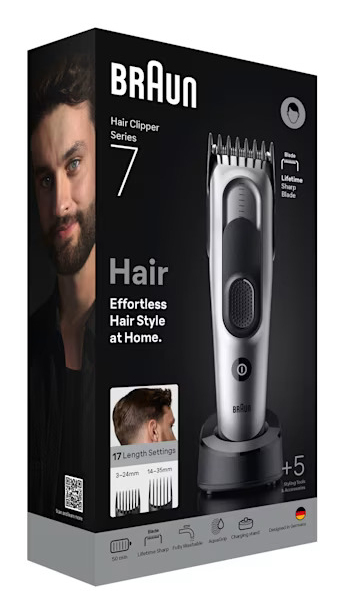 Verpackung des Braun Haarschneiders Series 7 mit 17 Längeneinstellungen und lebenslang scharfer Klinge